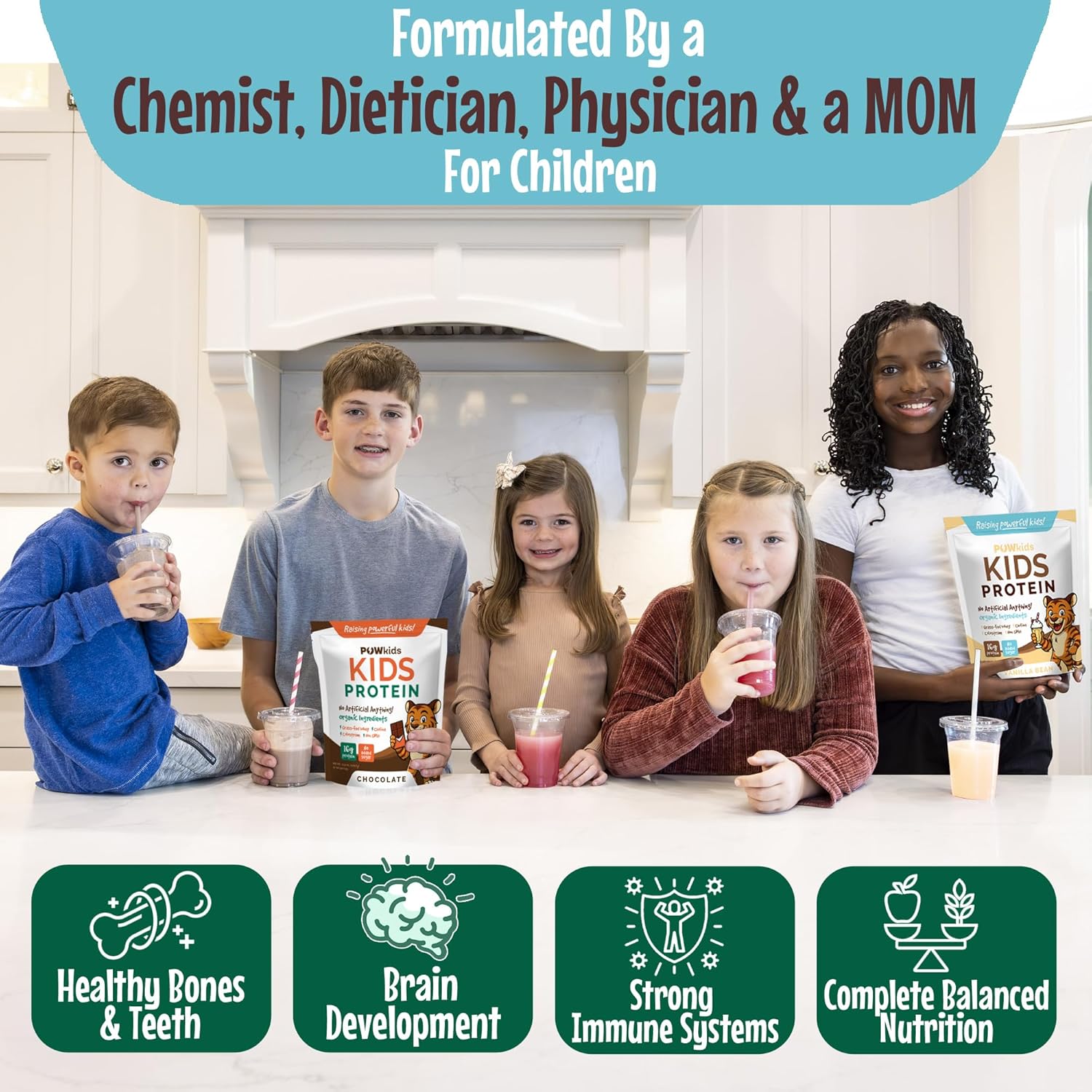 Kids Protein Shake Powder 16g – No Added Sugar, Organic Ingredients, Grass-Fed Whey Proteins – Calcium & Choline for Bone Strength & Brain Development, Protein Shake – Vanilla