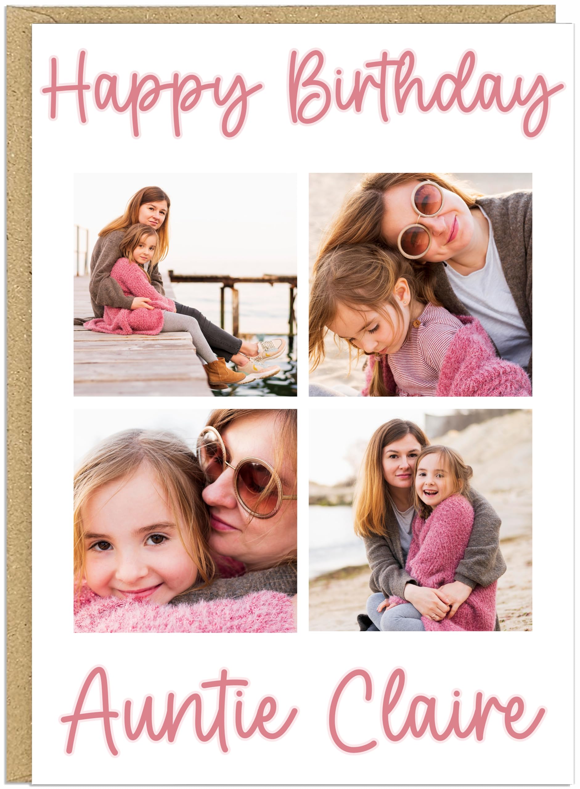 Happy Birthday Personalised 4 Photo Birthday Card for Her Women Girls - Custom Upload Own Pictures & Message Pink or Grey Text A5 Greeting Card For Sister Daughter Mum Friend (Pink Text)