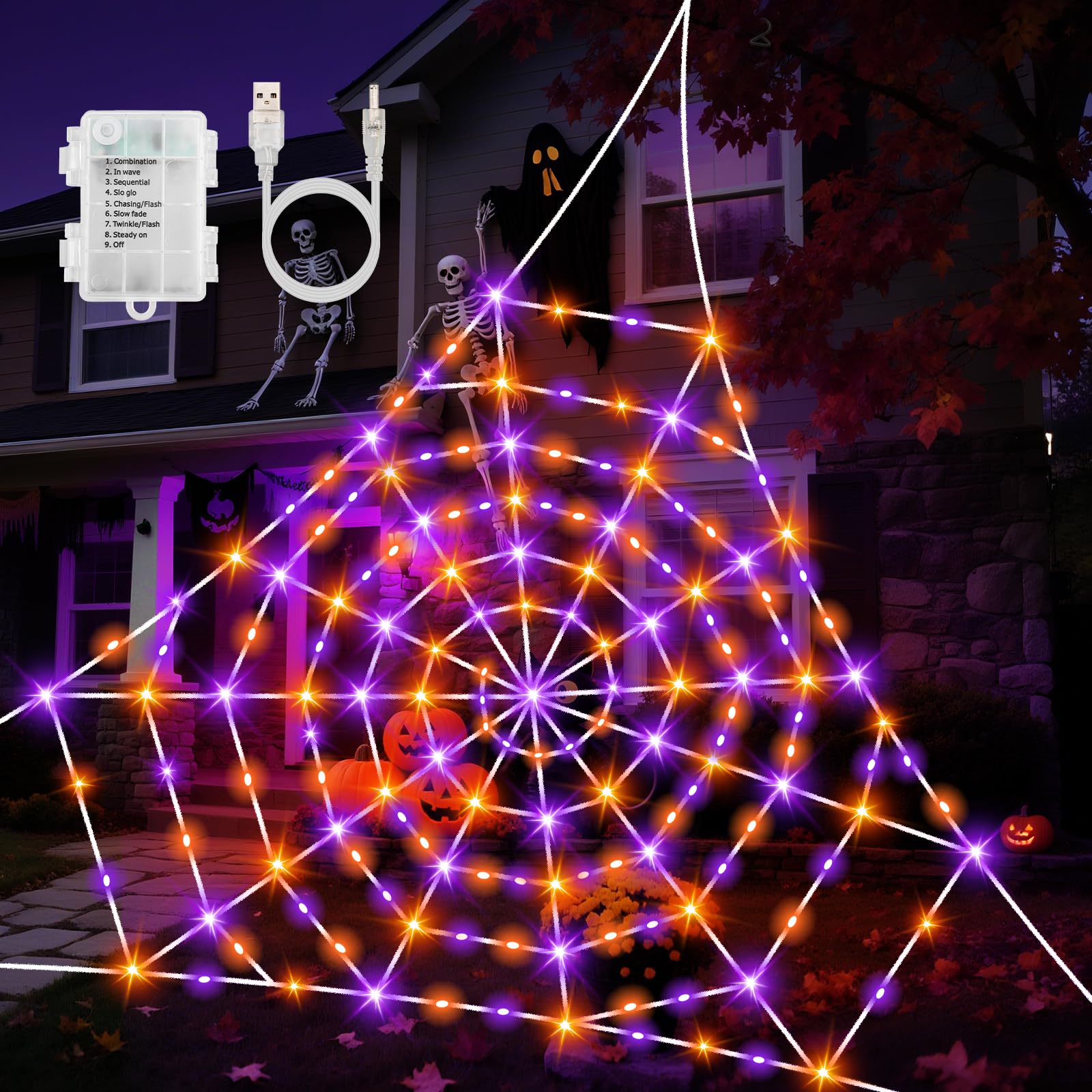 Etopgo Halloween Decoration 17ft Spider Web Lights,120LED Orange Purple Outdoor Spider Web Lights Baterry Powered/USB Powered with Timer Waterproof for Outdoor Garden Yard Halloween Decor