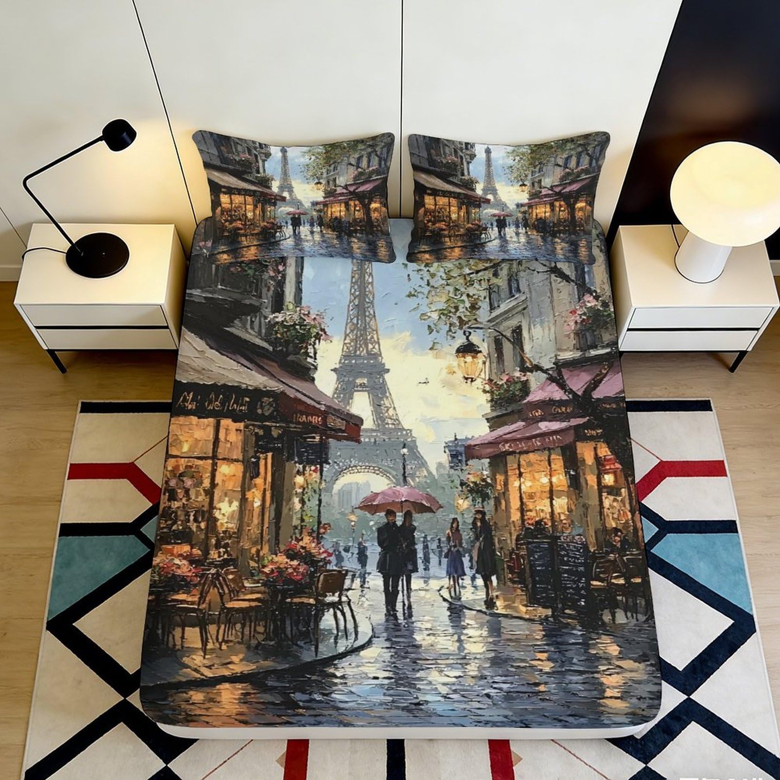 3D Printed Paris Street View Fitted Sheet Microfiber Soft Bed Cover for Bedroom Living Room Dorm Mattress Protection 90x200x25cm