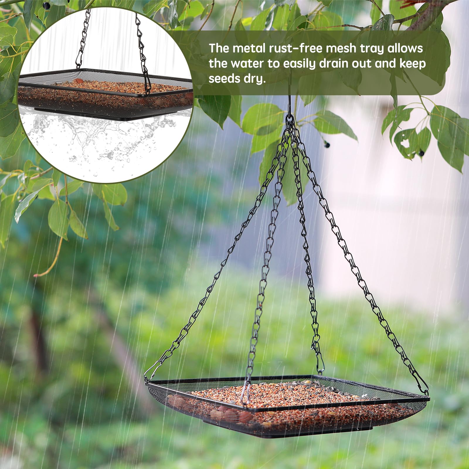 MIXXIDEA Bandeja colgante para pájaros de 11 x 11 pulgadas, plataforma de malla de metal con cadenas duraderas para exteriores y exteriores, ideal para atraer pájaros silvestres, 1 paquete