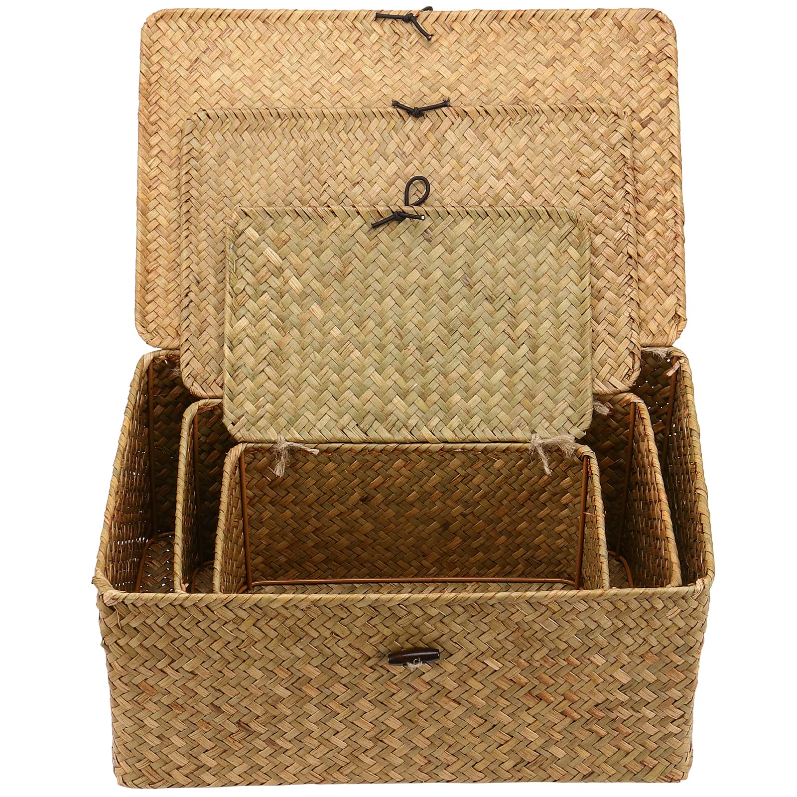 SEUNMUK Set di 3 cestini portaoggetti in alga marina con coperchio, rettangolari in rattan intrecciato a mano, organizer per la casa e decorazione, picnic, campeggio, viaggi, giallo
