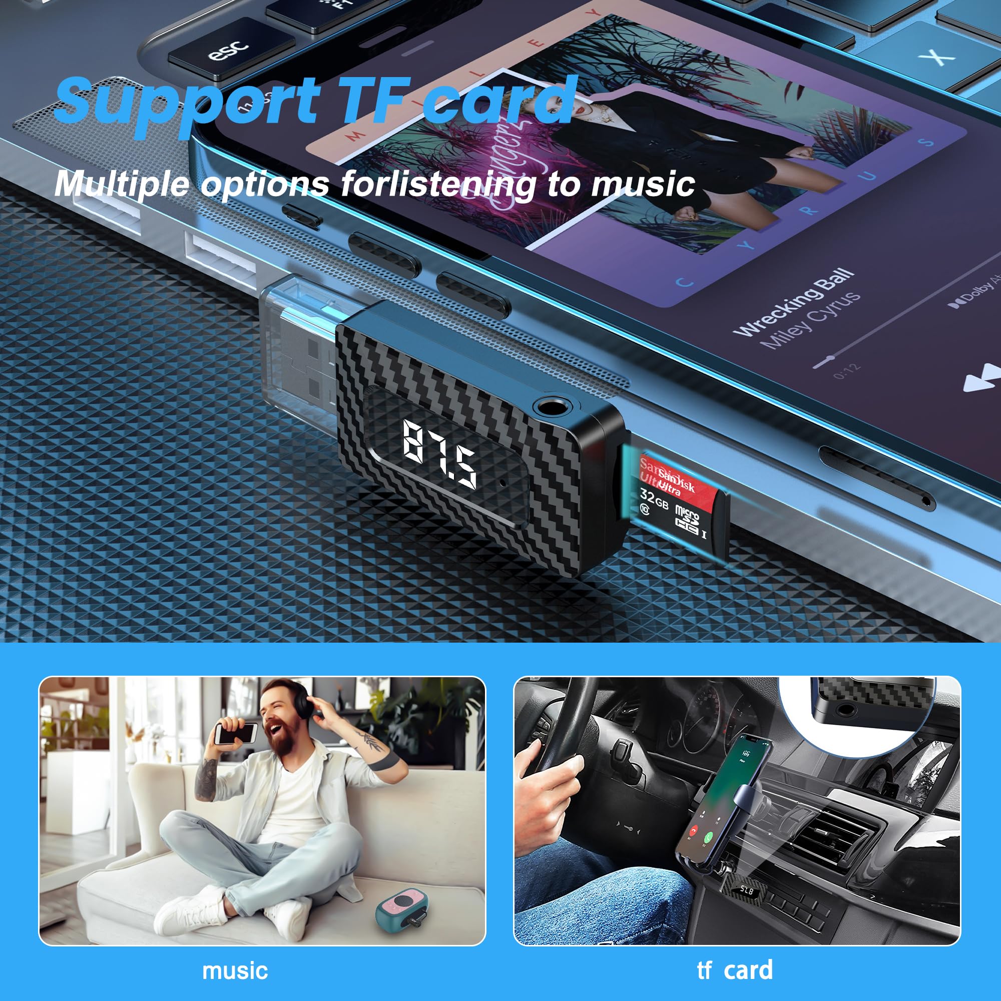 Adattatore Bluetooth USB 5.3 Ricevitore per PC, altoparlanti, autoradio e stereo con 3.5mm AUX