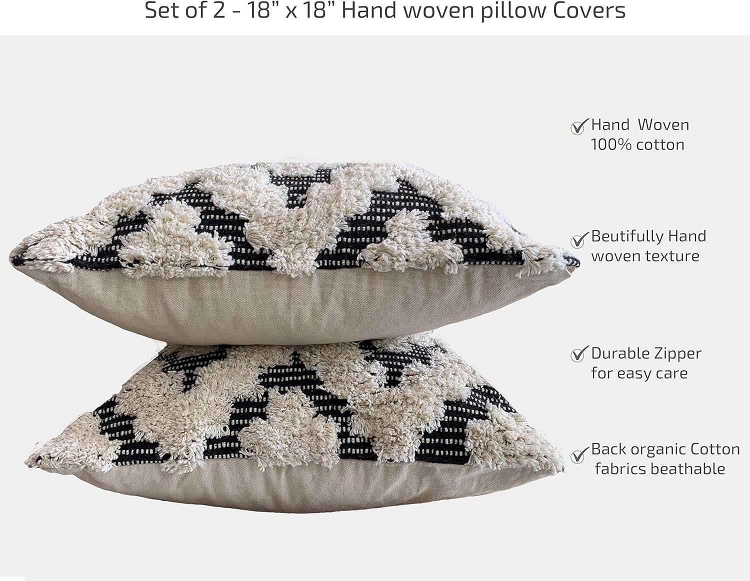 Set of 2 Boho Throw Pillow Covers for Couch, 18 x 18 & 20 x20 Inch Cotton Hand-Woven Tufted Decorative Pillows Covers Bedroom Living Room, Farmhouse (18x18)