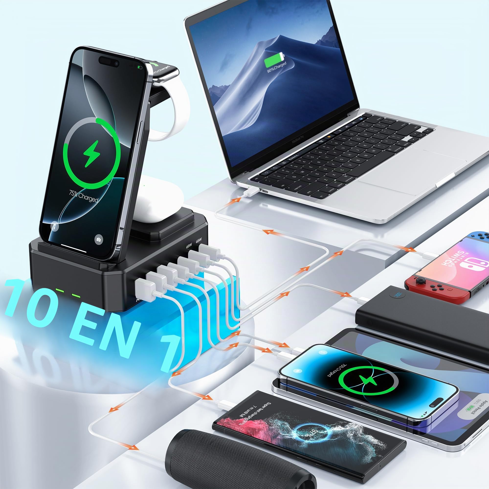 Estación de carga de 300 W para múltiples dispositivos Apple, cargador inalámbrico 10 en 1 para iPhone, GaN III USB C 65W PD base de carga rápida para MacBook, iWatch y Airpods (carga inalámbrica solo