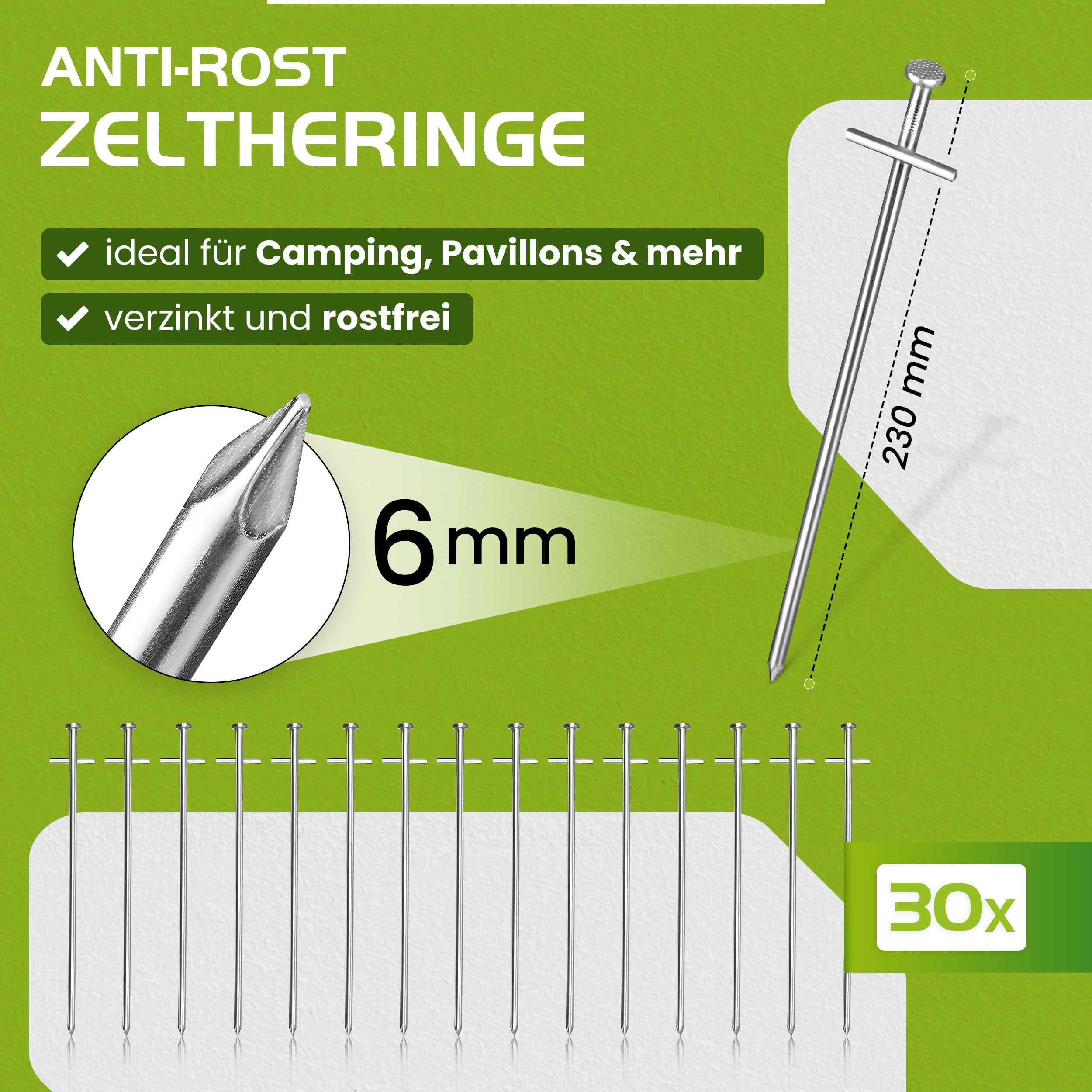 Balinco - Bodenanker 30er Set 230x6 mm - Anti-Rost Heringe mit T-Profil aus verzinktem Stahl – Stabile Zeltheringe für Camping, Zelt, Pavillon, Sonnensegel, Abspannleinen – Erdnägel für Harte Böden