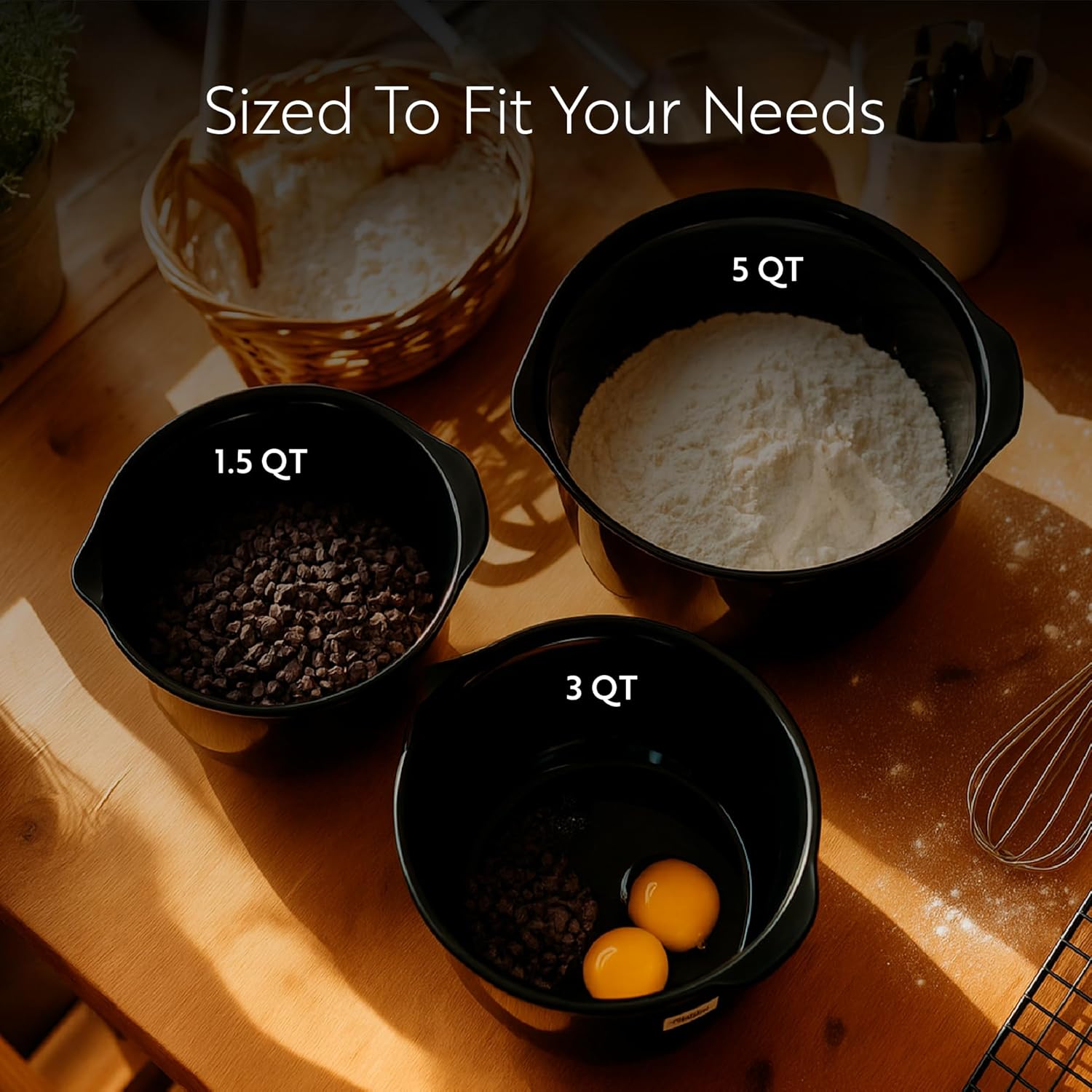 Restaurantware Comfy Grip Plastic Bowl Set 1 Durable Mixing Bowl Set - 3-Piece Set Rubber Grip Bottom Black Plastic Bowls with Pour Spot Dishwashable