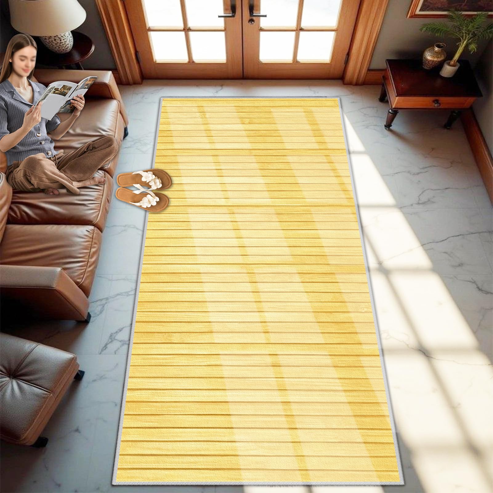 Tapis de cuisine 90x200 cm lavable et antidérapant jaune pâle pour couloir