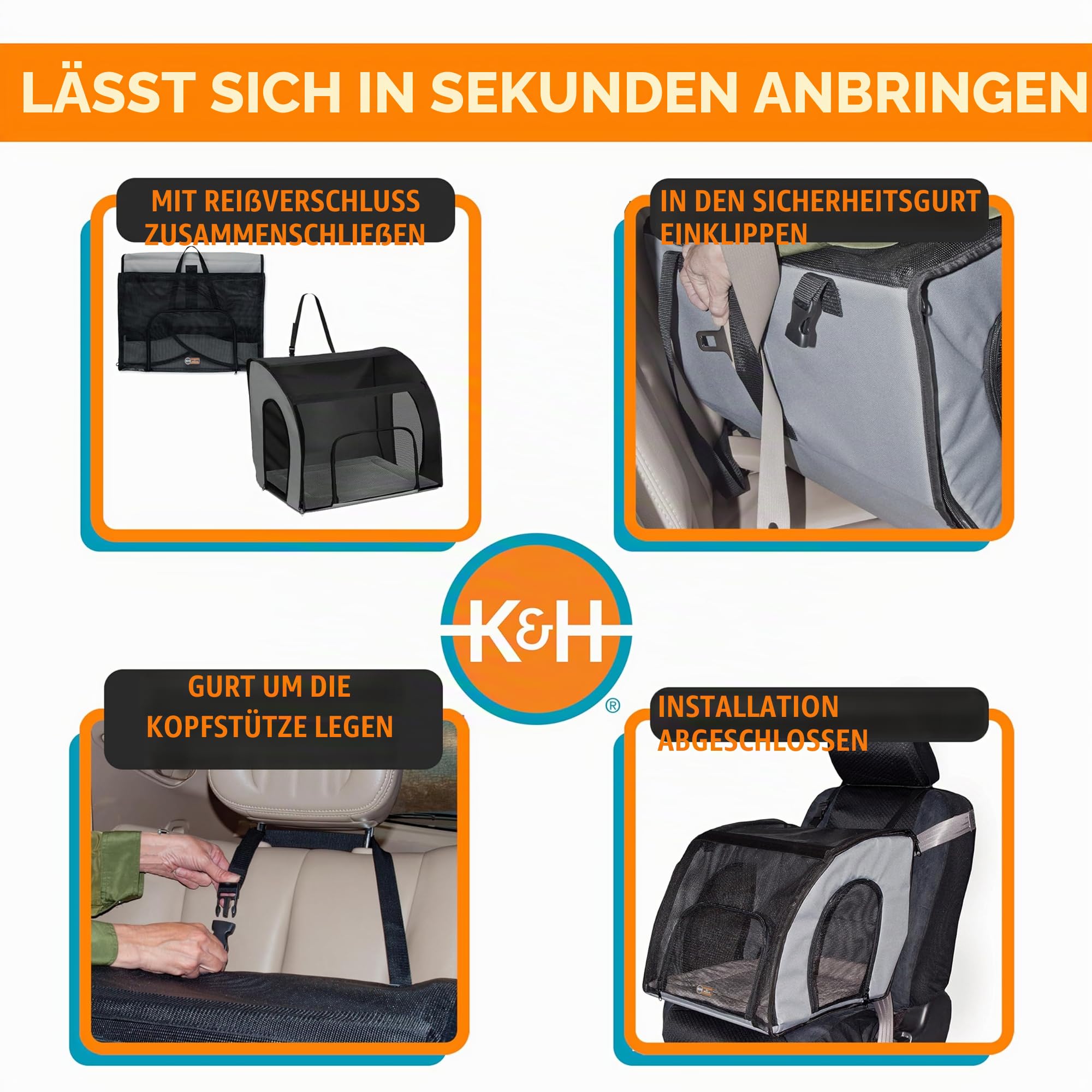 K&H PET Products Reise-Sicherheitstasche für Haustiere, Hundebox für Autoreisen, weiche Seitentasche für Katzen und kleine Hunde, tragbare Autositz-Zwinger, grau/schwarz, klein, 43,2 x 40,6 x 38,1 cm