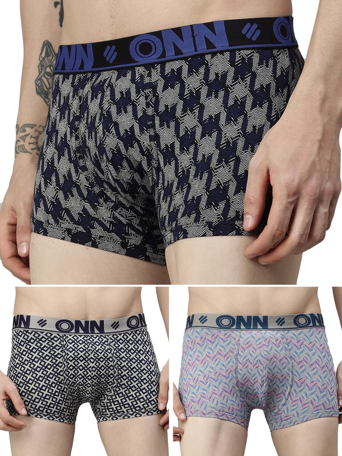 onn Men's Pack of 3 Super Combed Cotton Printed Mini Trunk with Ultra Soft Waistband (Size: Small) Assorted-picture-10