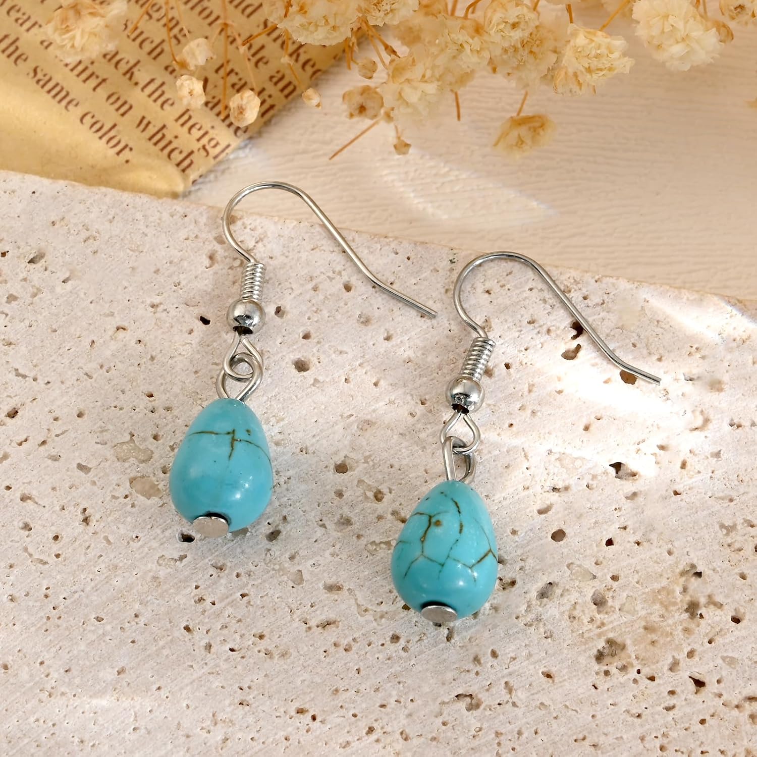 Boho Turquoise Earrings for Women Vintage Tear Drop Dangle Design December Birthstone Earrings - Image 2