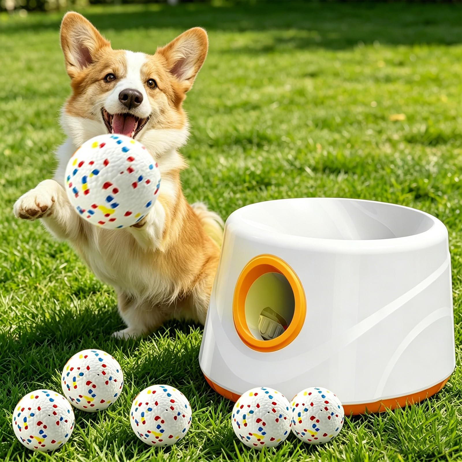 BAKENLON Automatic Dog Ball Launcher, Dog Ball Thrower with 6 ETPU Tennis Balls, 3 Launch Distance(20/33/46ft), Automatic Ball Thrower for Dogs, Dog Tennis Ball Launcher for Indoor Outdoor(Orange)
