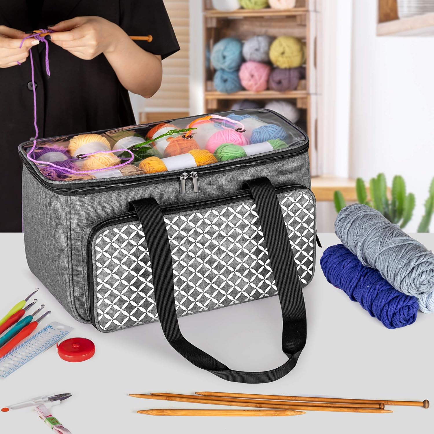 Yarwo Knitting Yarn Bag, Crochet Tote with Pocket for WIP projects, Knitting Needles(Up to 14”) and Skeins of Yarn, Gray with Grid (Bag Only)