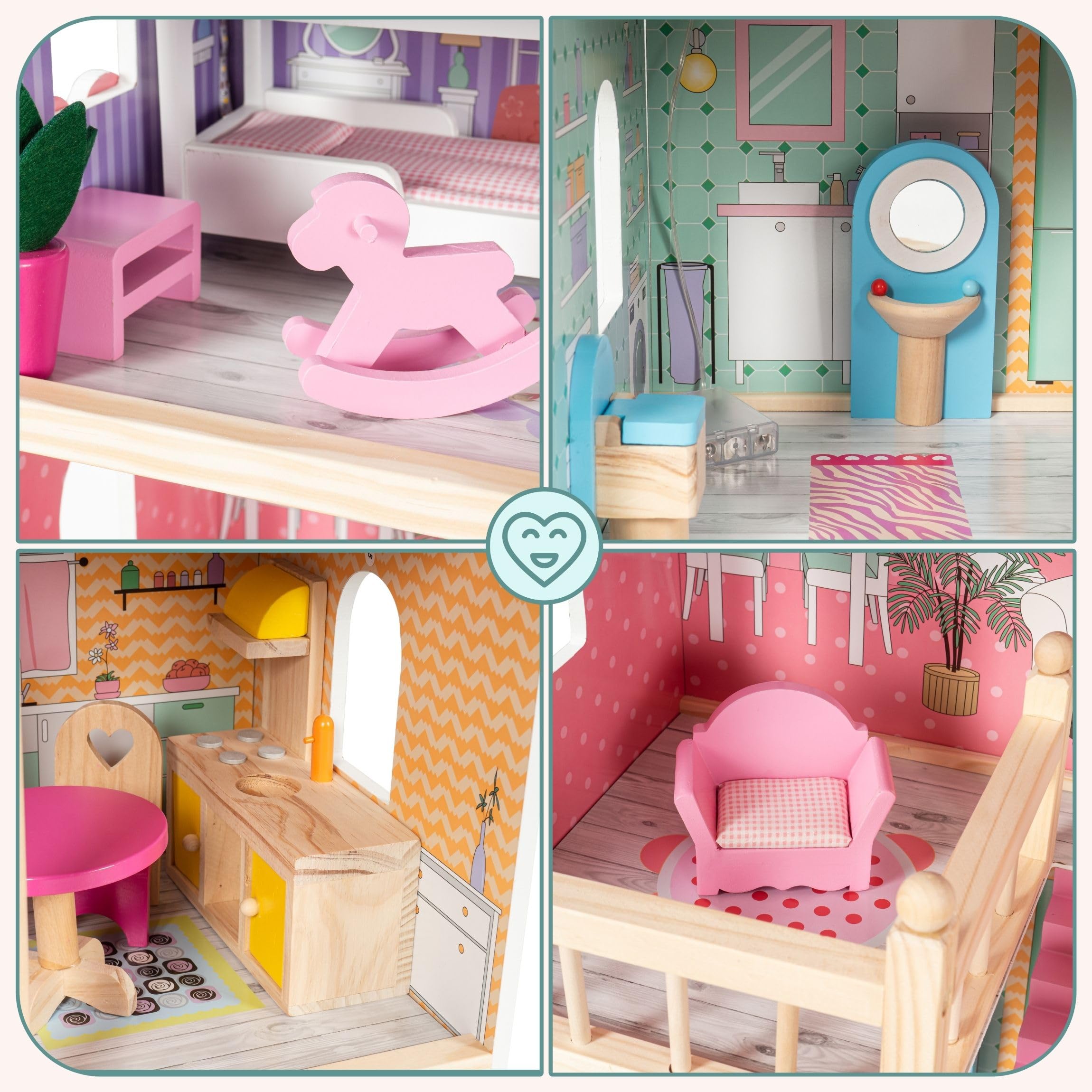 mamabrum Casa delle Bambole in Legno XXL – 3 Piani con LED e Mobili Inclusi – Casa Bambole 90x60x30 cm – Design Pastello Sicuro ed Educativo – Giocattolo per Bambine dai 3 Anni