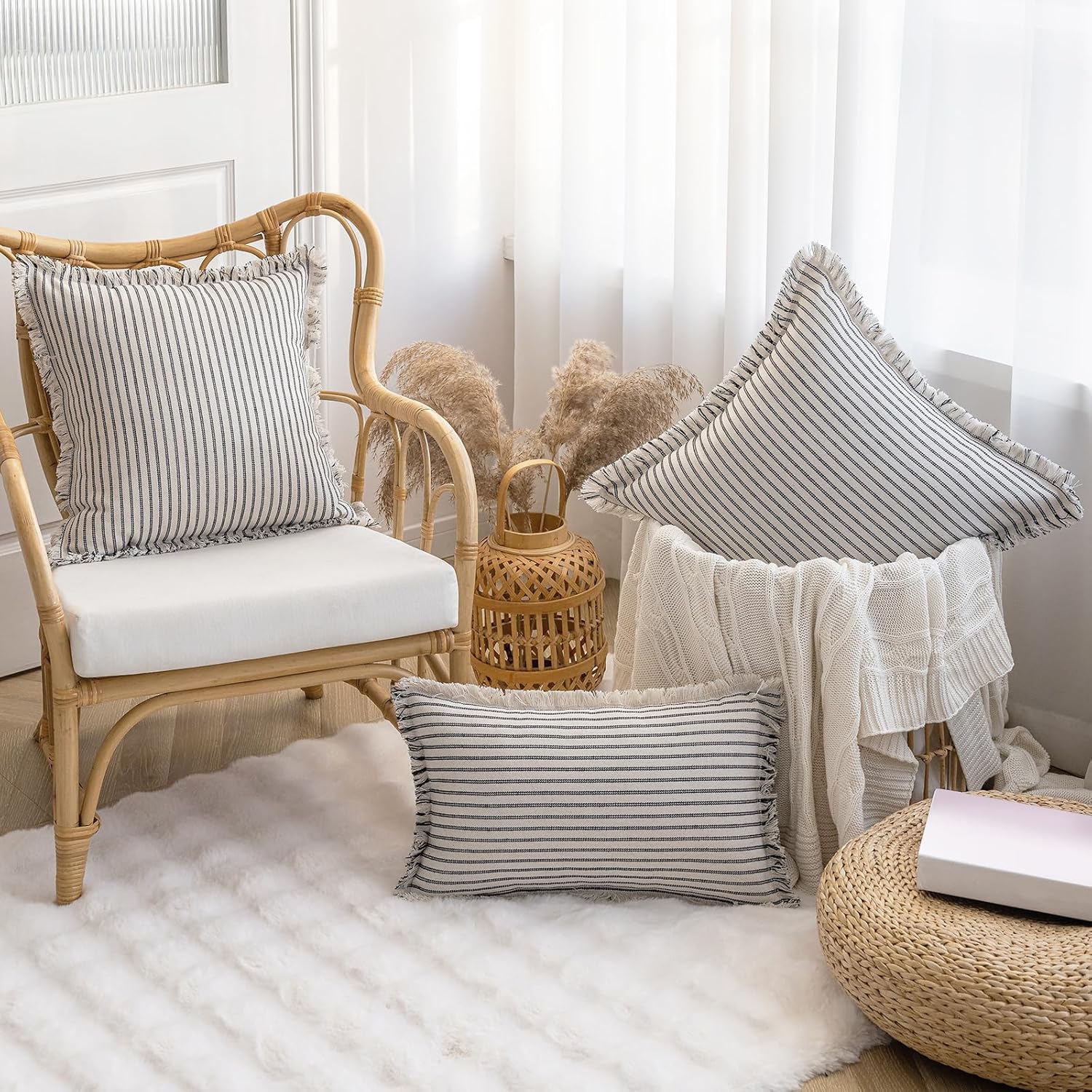 Throw Pillow Covers 26x26 Set of 2 Striped Fringe Pillow Cover Farmhouse Cushion Covers with Tassel Neutral Boho Pillows Decorative Square Pillowcase for Couch Sofa Bed, Black - Image 4