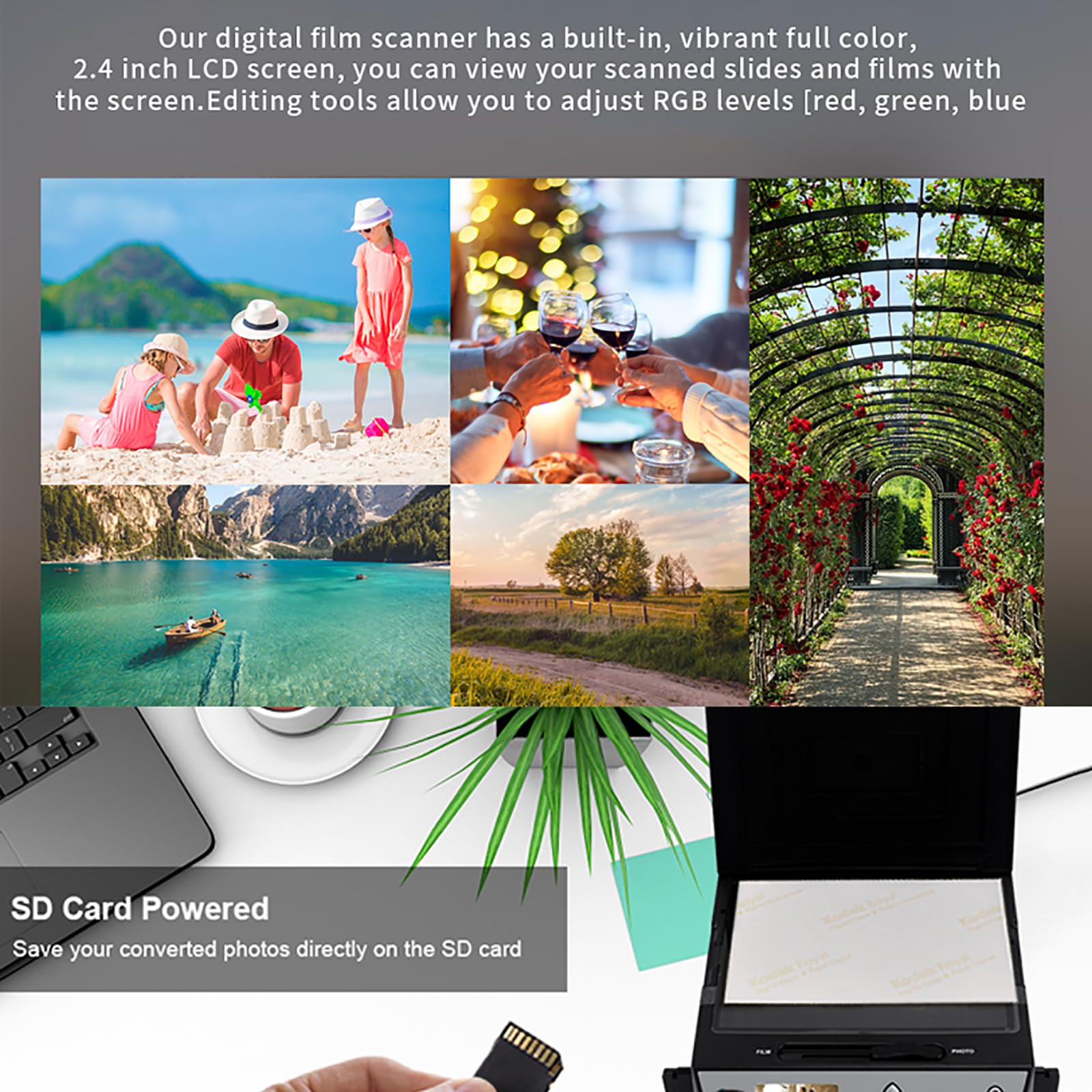 Escáner de película, convertidor de Diapositivas y Negativos de 22 MP con Pantalla LCD de 2,4", Convierte Diapositivas/Negativos de 135/35 mm y 110, Tarjetas de Visita a Archivos J