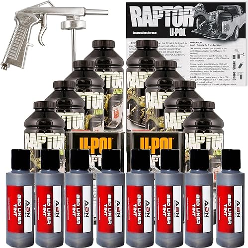 U-POL Raptor Revestimiento para cajuela de camioneta tipo Tonneau, en aerosol, de uretano metálico, color gris oscuro, con rociador de regalo, de 8