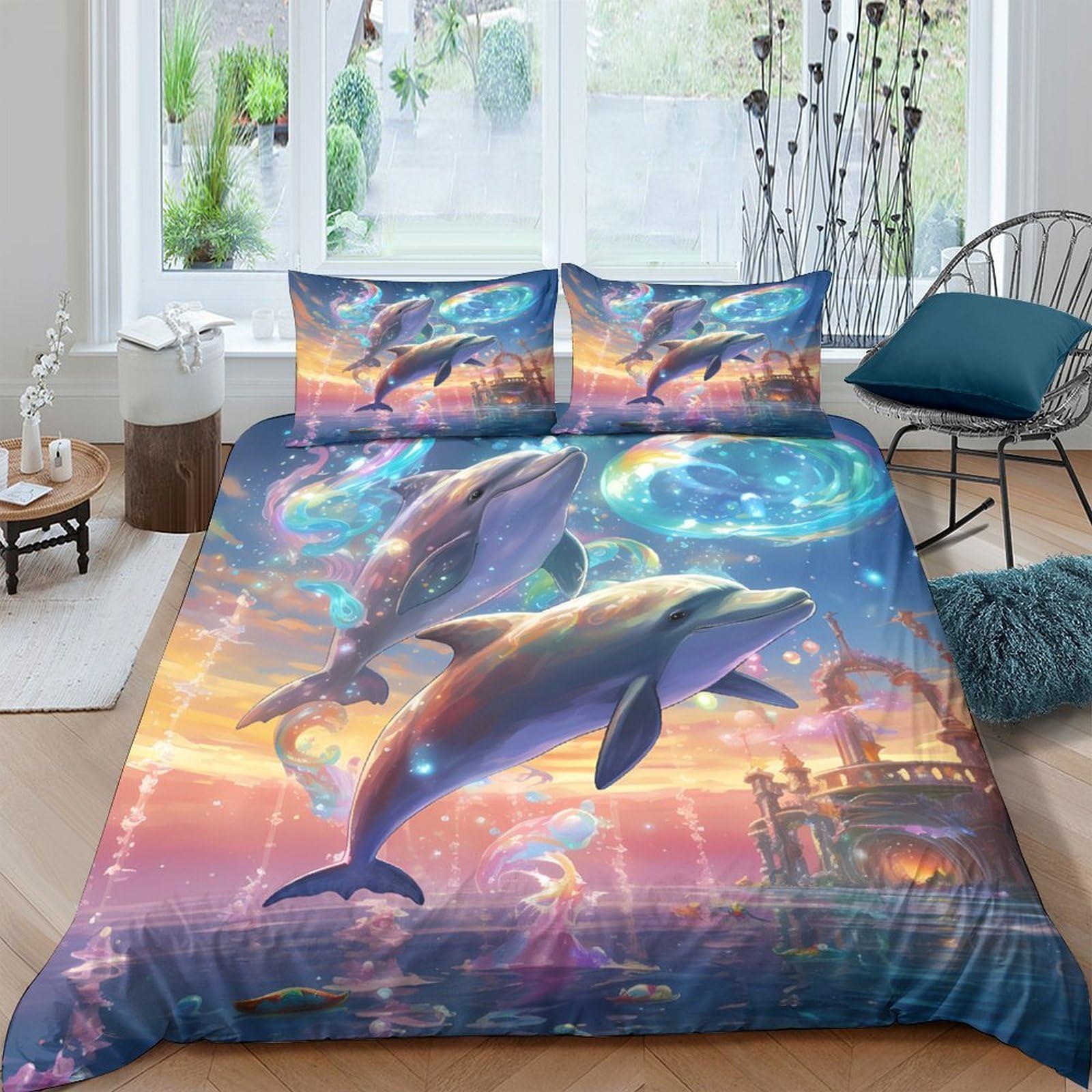 Ctjqhvkz Style-1 3D Printed Ocean Sunset Dolphin Fitted Sheet Microfiber Breathable Mattress Cover Blue Bedroom Decor Washable Single（135X200cm）
