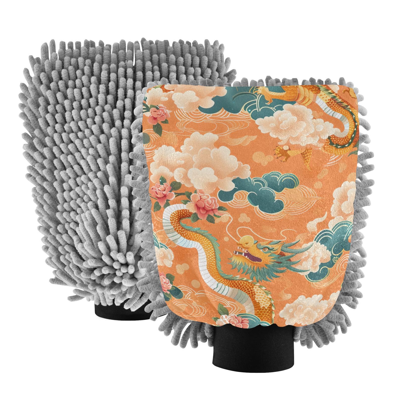 IOACIY Absorbent Microfiber Car Wash Drying Mitts, 2 Pack, Scratch-Free & Lint-Free, Rich Foam, Highly Absorbent, Double Sided, Wash Mitt Perfect for Car Washing, L, Chinese Dragon (7)