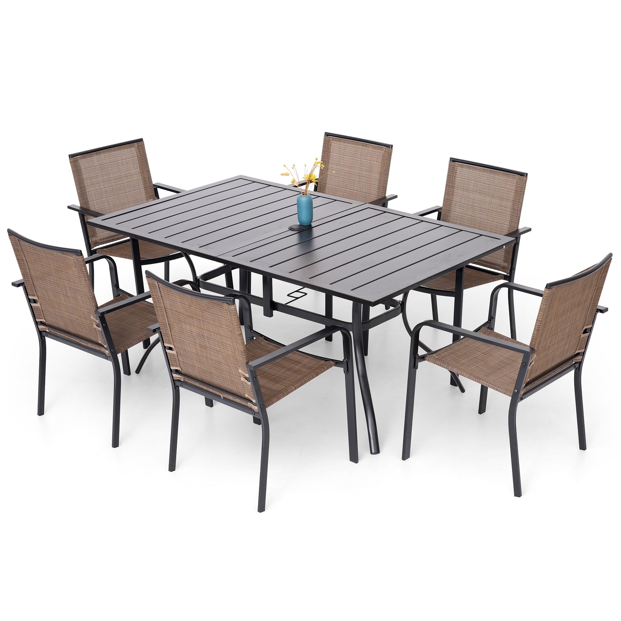 7-Piece Outdoor Dining Set, Powder Coated Steel Table with 6 Stackable Chairs, Black and Brown, 63 x 38 Inch Table