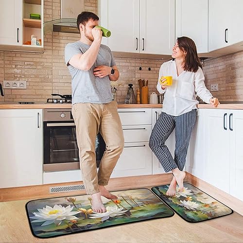 Miniatura 2 de Kigai Juego de 2 tapetes de cocina de flor de loto, antideslizantes, lavables, acolchados, antifatiga, tapete de cocina cómodo para cocina, baño,