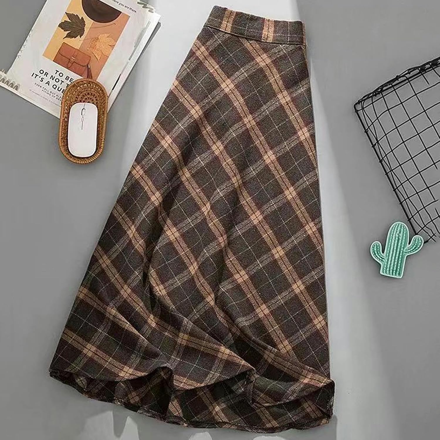 Faldas De Mujer Falda Midi De Lana De Talle Alto De Otoño E Invierno: Falda Plisada Larga De Cuadros Retro De Línea A, A, XXL