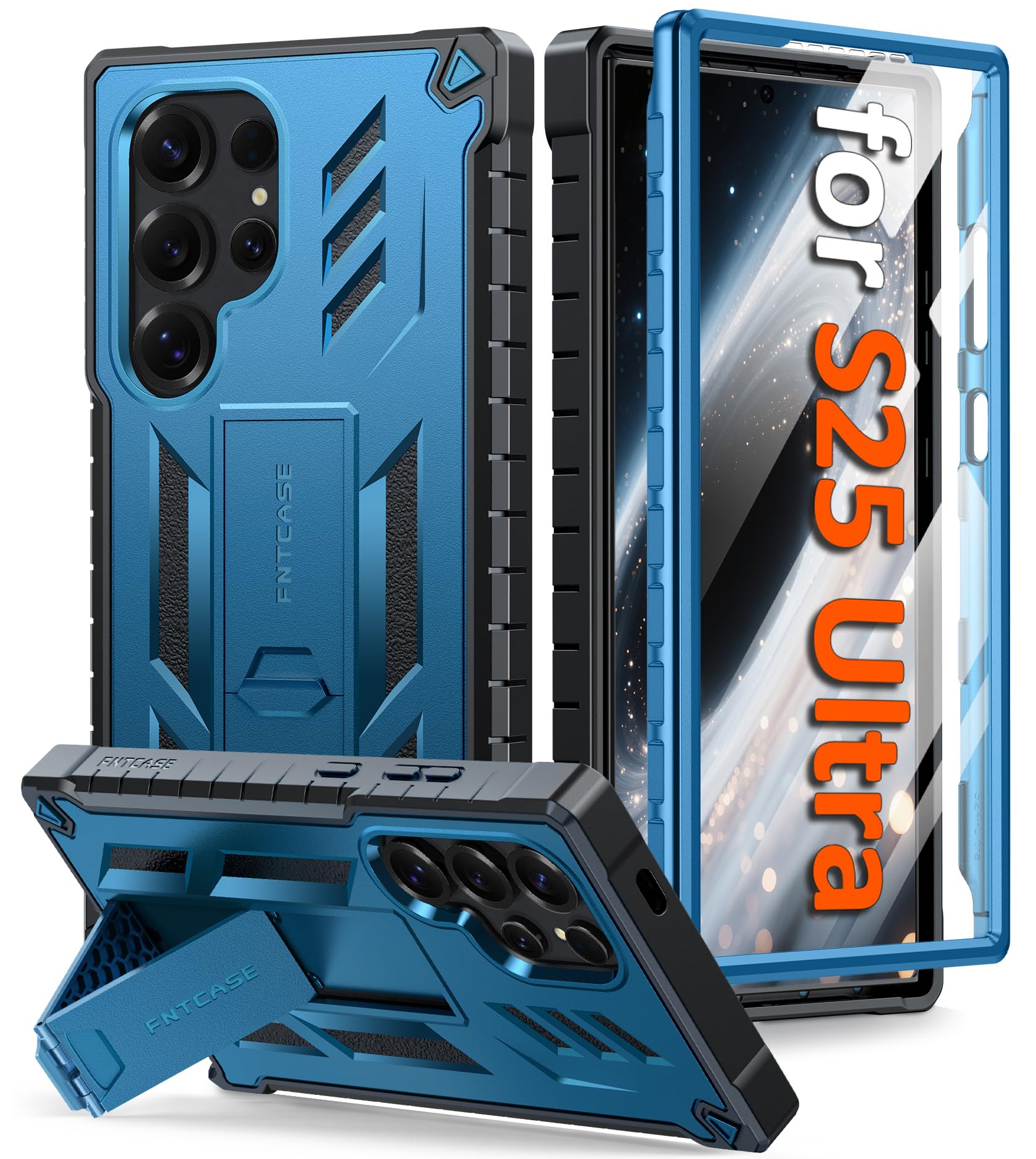 Photo 1 of FNTCASE for Samsung Galaxy S25-Ultra Case: with [Built-in Screen Protector & Kickstand] [Military-Grade Drop Protection] Heavy Duty Protective Full Body Shockproof Rugged Sturdy TPU Phone Cover Blue