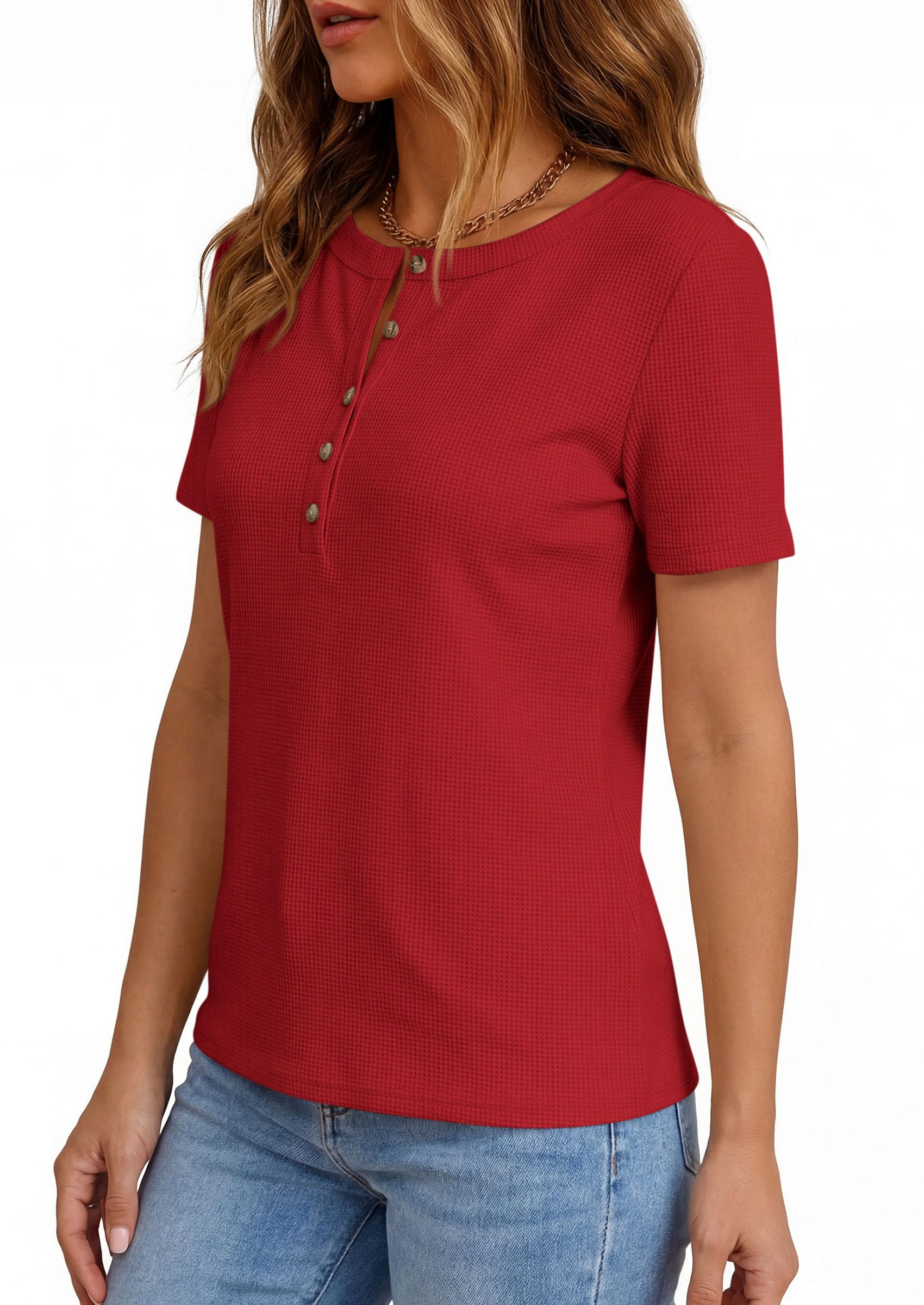 PRETTYGARDEN Waffle Knit Tops for Women Short Sleeve Henley Shirts 2026 Summer Blouses Dressy Casual Spring Fashion Clothes — view 4