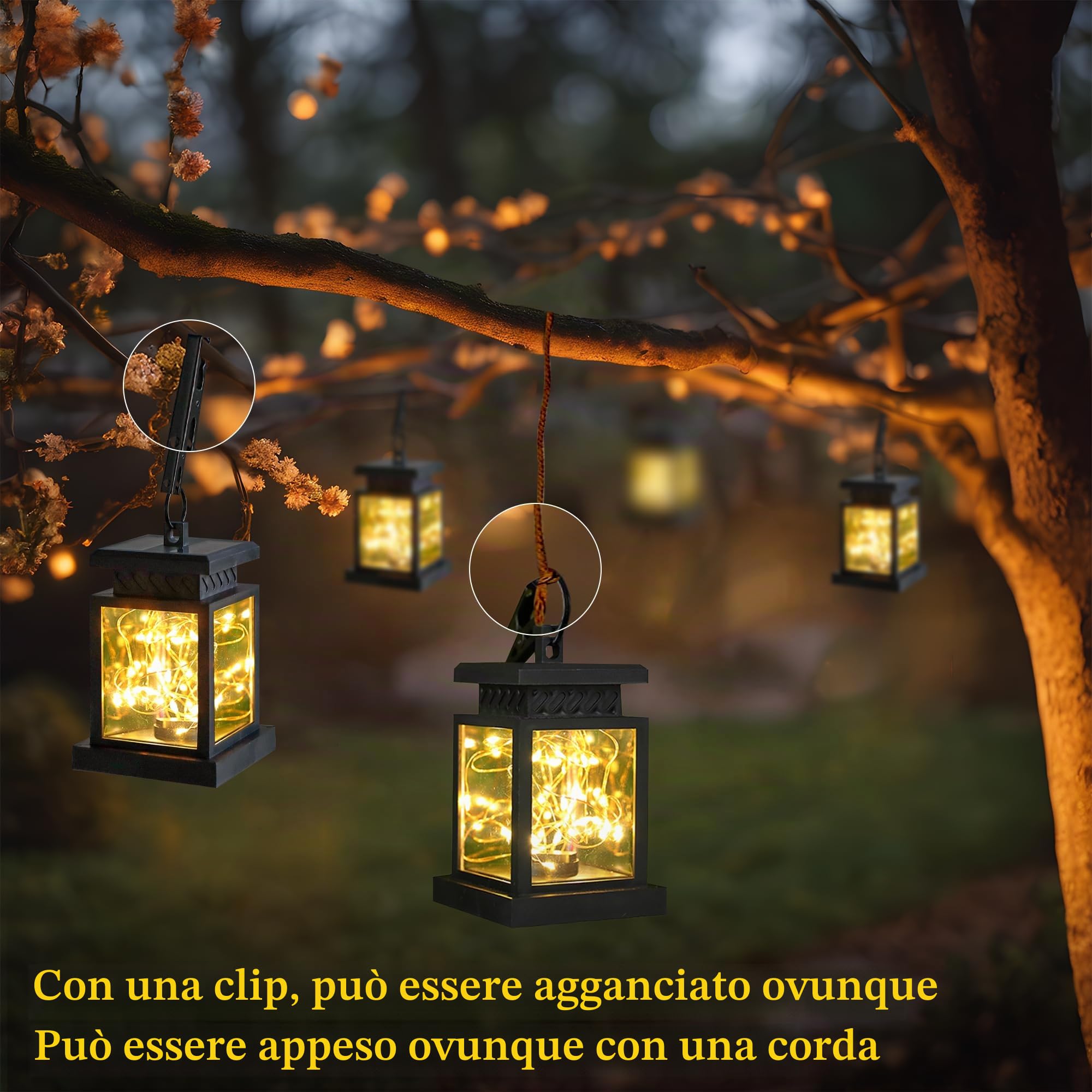 JHY DESIGN - Set di 6 lanterne solari per esterni, impermeabili, alimentate da energia solare, illuminazione a sospensione con luci LED calde per patio, giardino, decorazione paesaggistica, cortile