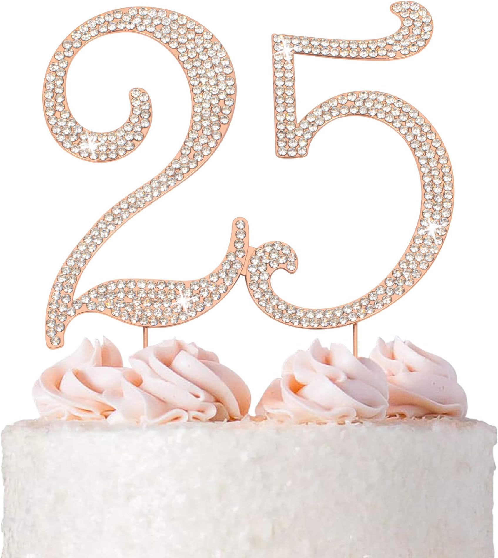 25 Cake Topper - Premium Rose Gold Metal - 25th Birthday or Anniversary Party Sparkly Rhinestone Decoration Makes a Great Centerpiece - Now Protected in a Box