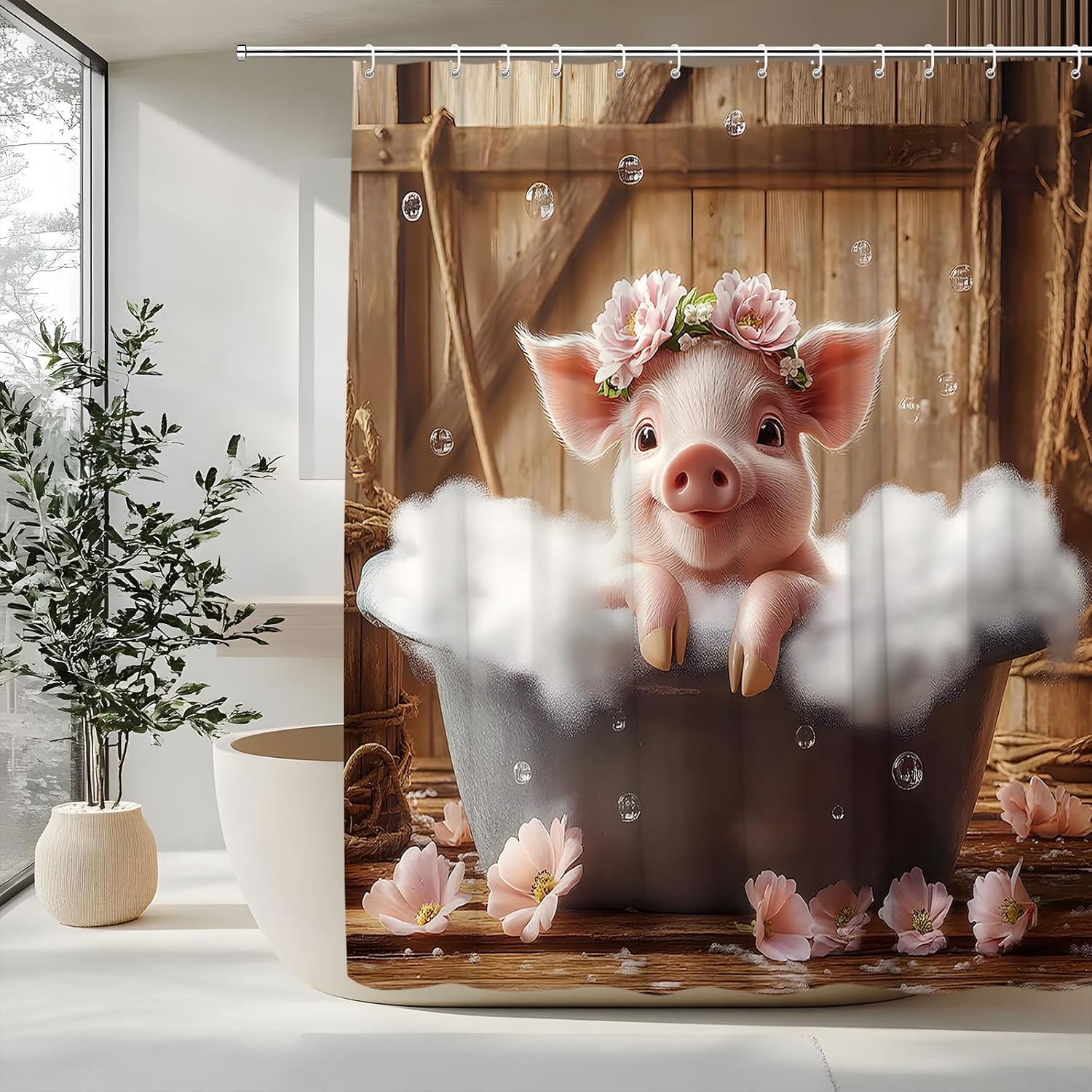 Funny Pig Shower Curtain Rustic Farmhouse Animal in Bathtub