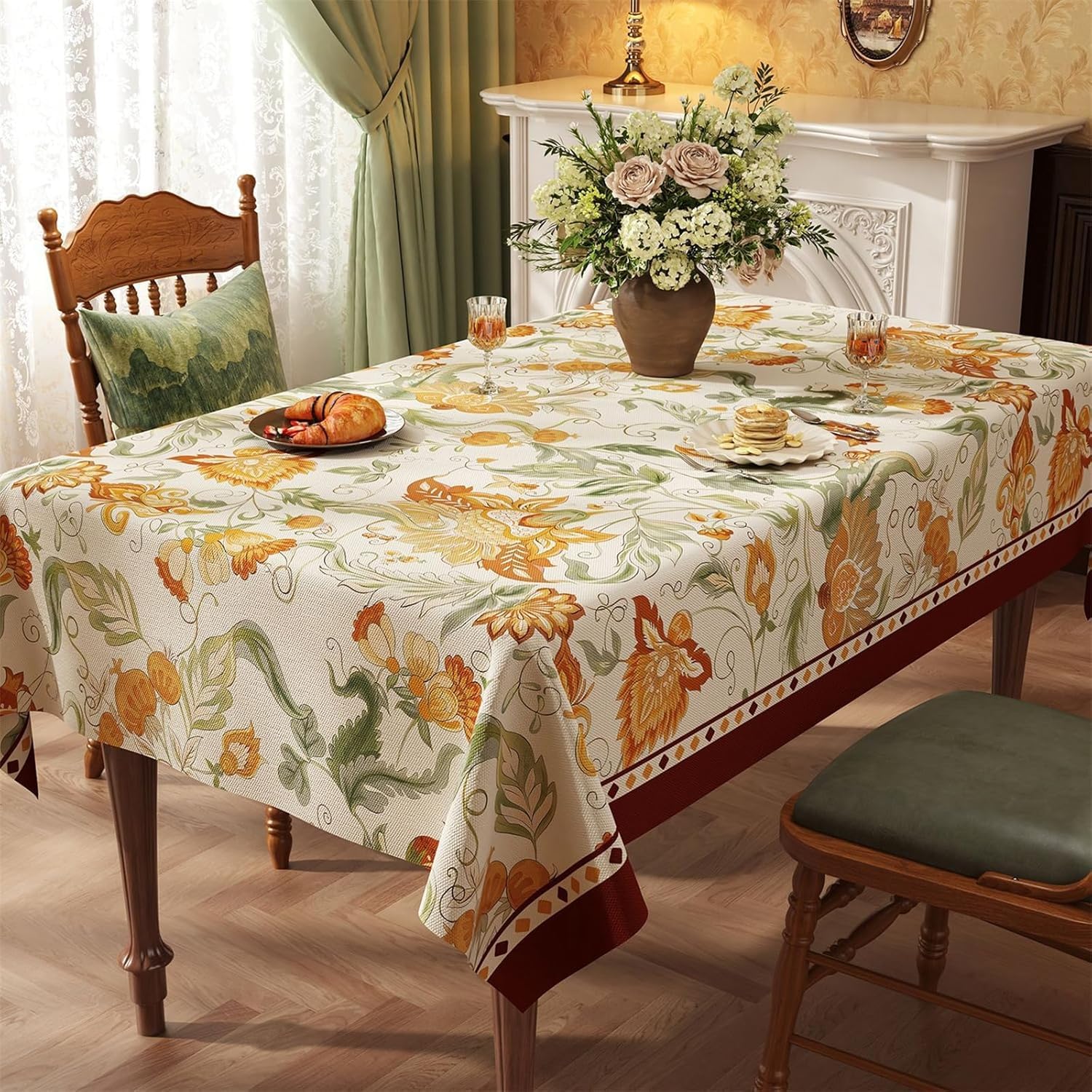 KIJyfgTR Rustic Floral Print Wipeable Tablecloth Decor For Outdoor Garden Parties And Kitchen Worktops(Braun,60x90cm)