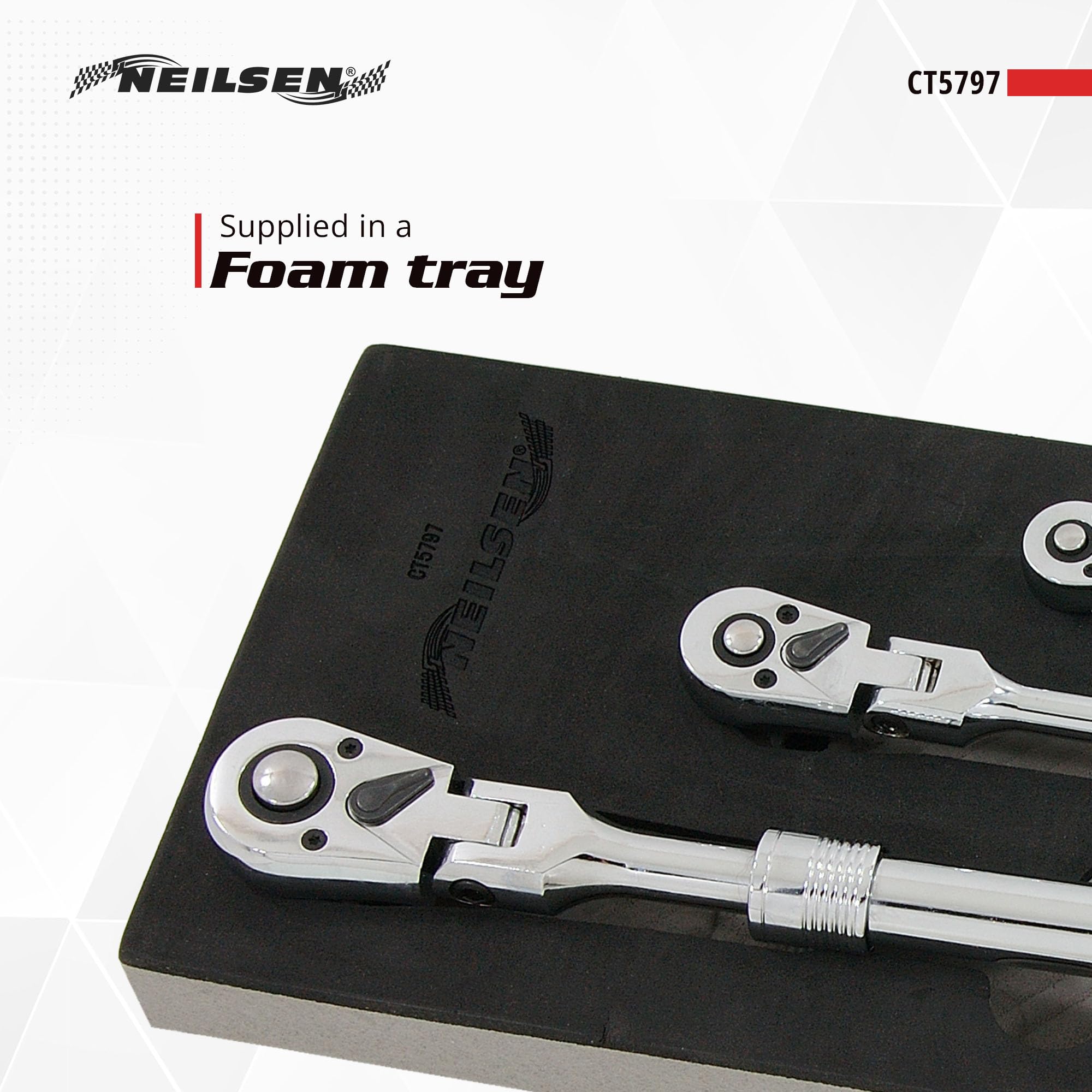 Neilsen CT5797 Juego de trinquetes extensibles 3 piezas cabezal giratorio 18 grados accionamiento 1/10.2 cm 3/20.3 cm 1/5.1 cm mecanismo 72 dientes