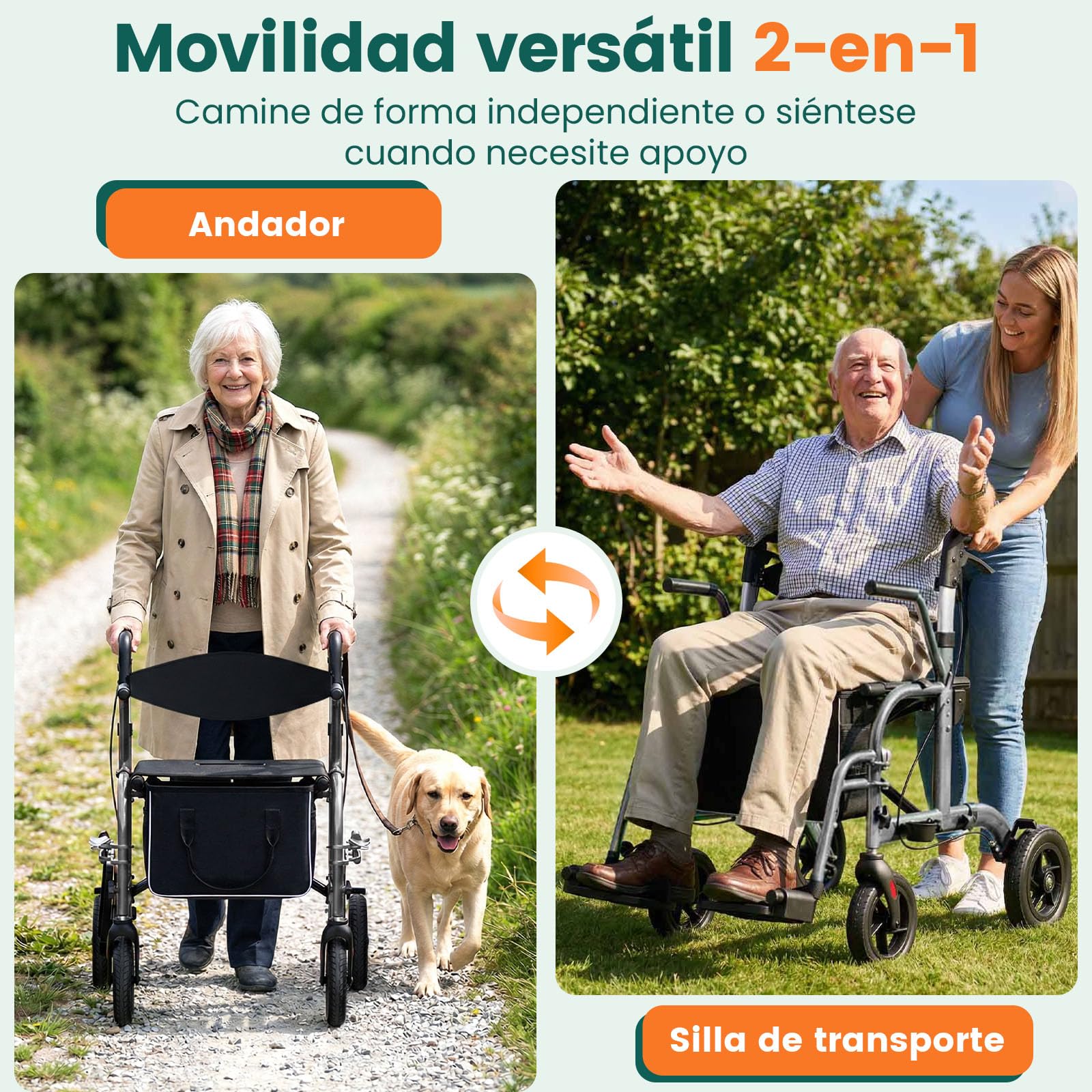 Andador con asiento, 2 en 1 de 4 ruedas y Silla de transporte, Soporta hasta 136 kg, Ruedas TPU de 8"" delanteras y 10"" traseras, Doble freno, Plegable, Altura ajustable, Bolsa almacenamiento, Gris