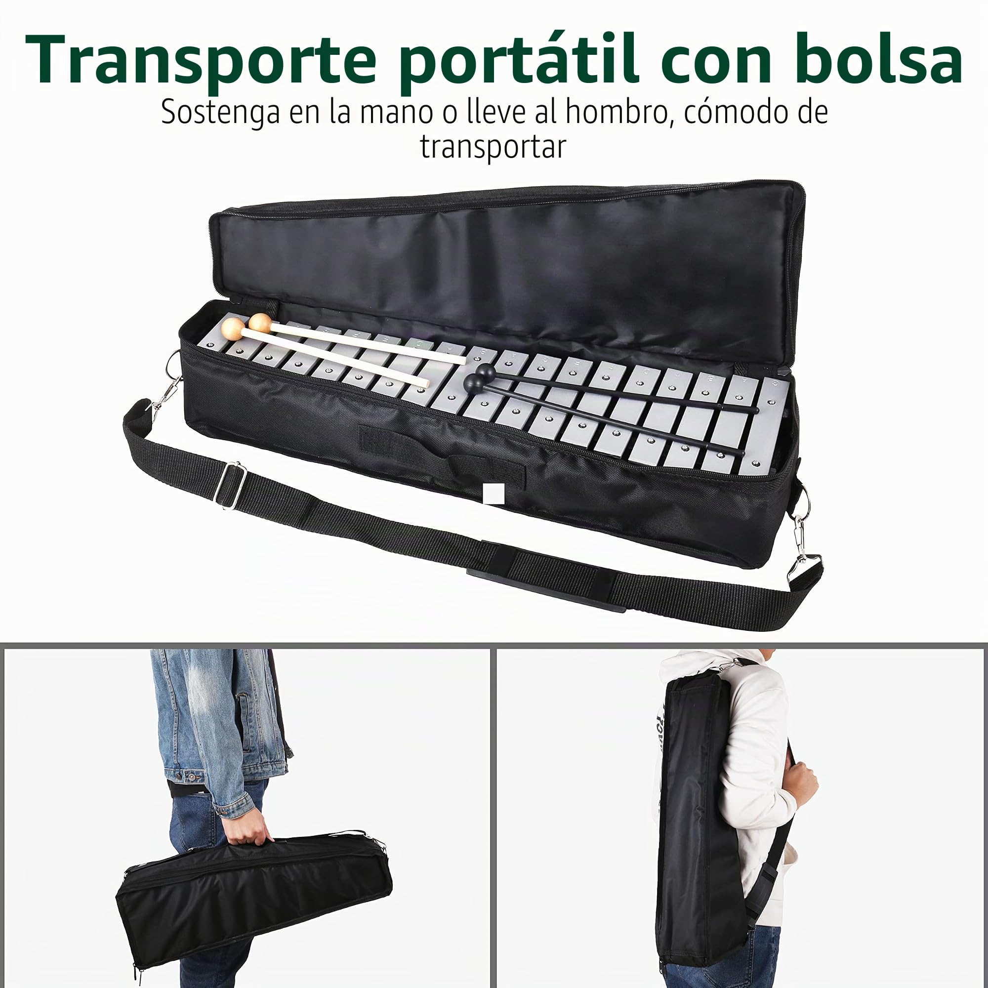 Xilófono Glockenspiel plegable de 30 notas, kit de instrumentos de percusión para adultos y niños, incluye 2 mazos y bolsa de transporte