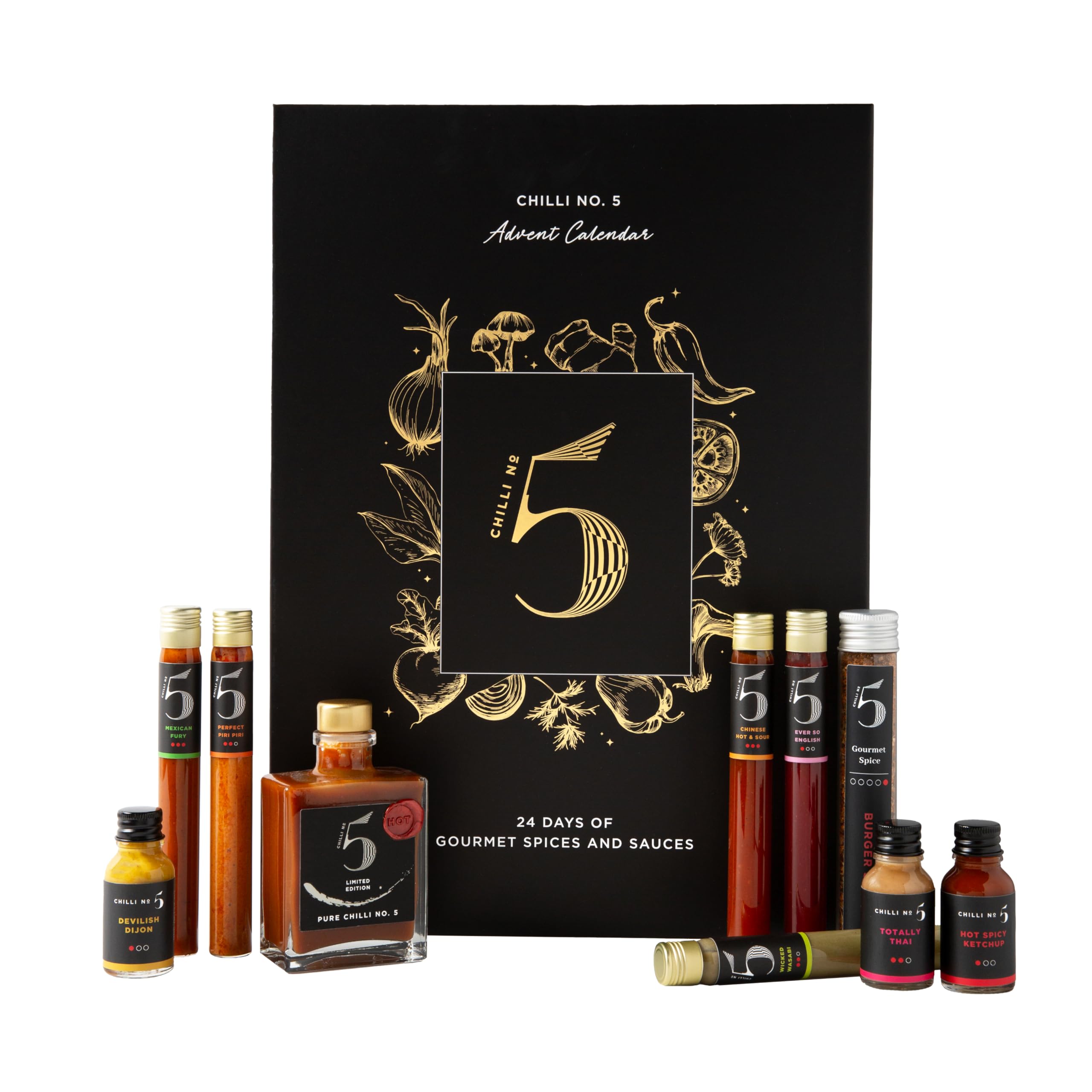 Chilli No. 5 | Calendario de Adviento, selección de productos gourmet de chile n.º 5 en elegante caja de regalo temática navideña, selección de salsa picante, caja de regalo de chile