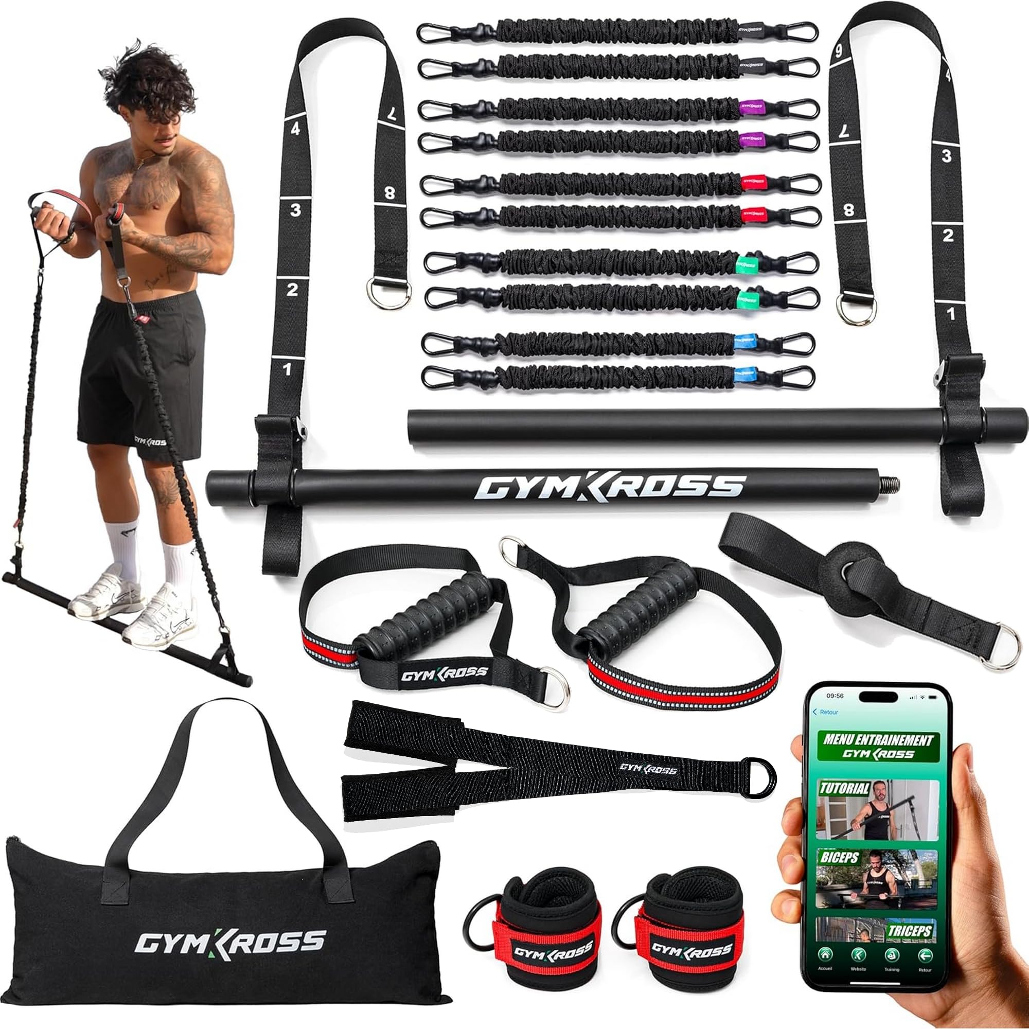 Pack Elastique Musculation avec 10 Bandes de résistance 200 kg en Latex Naturel + Barre Musculation & Sangles de Suspension – Kit Elastique Fitness/Pilates/Sport Maison & Crossfit