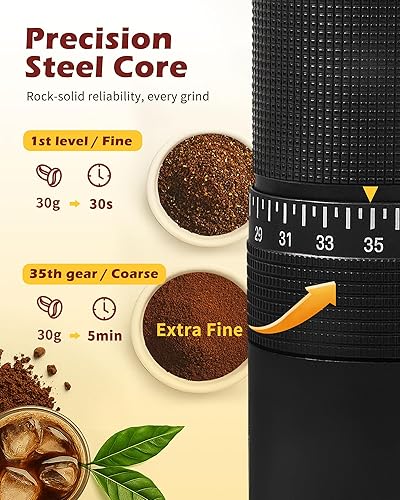 Miniatura 5 de Molinillo de café manual con rebabas de acero inoxidable, molinillo de mano de 1.12 onzas para expreso, goteo, prensa francesa, con 35 ajustes