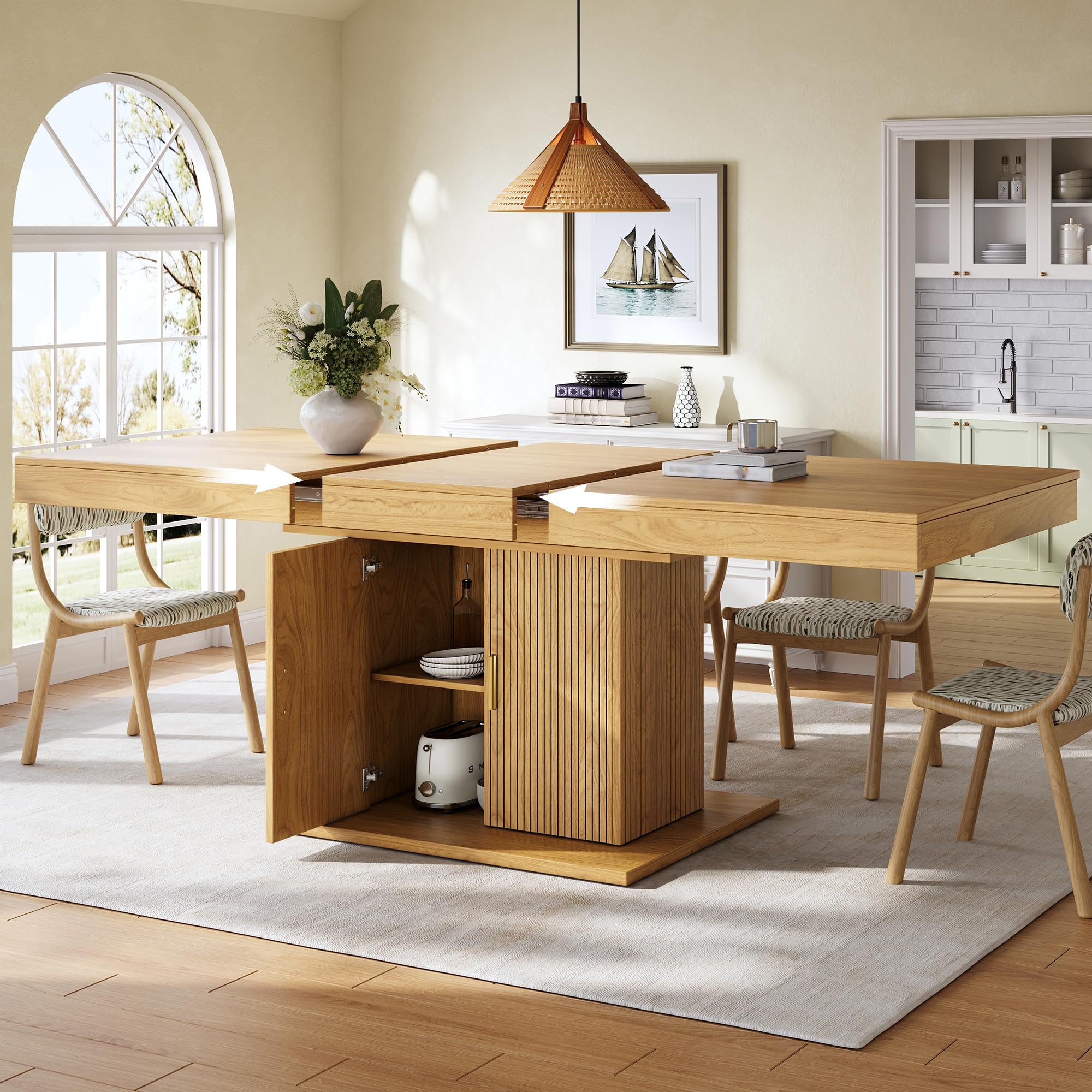 Mesa de comedor extensible con espacio de almacenamiento integrado de 140 a 180 cm, puertas estriadas verticales, estantes extraíbles, ahorro de espacio, para cocina, salón, roble claro