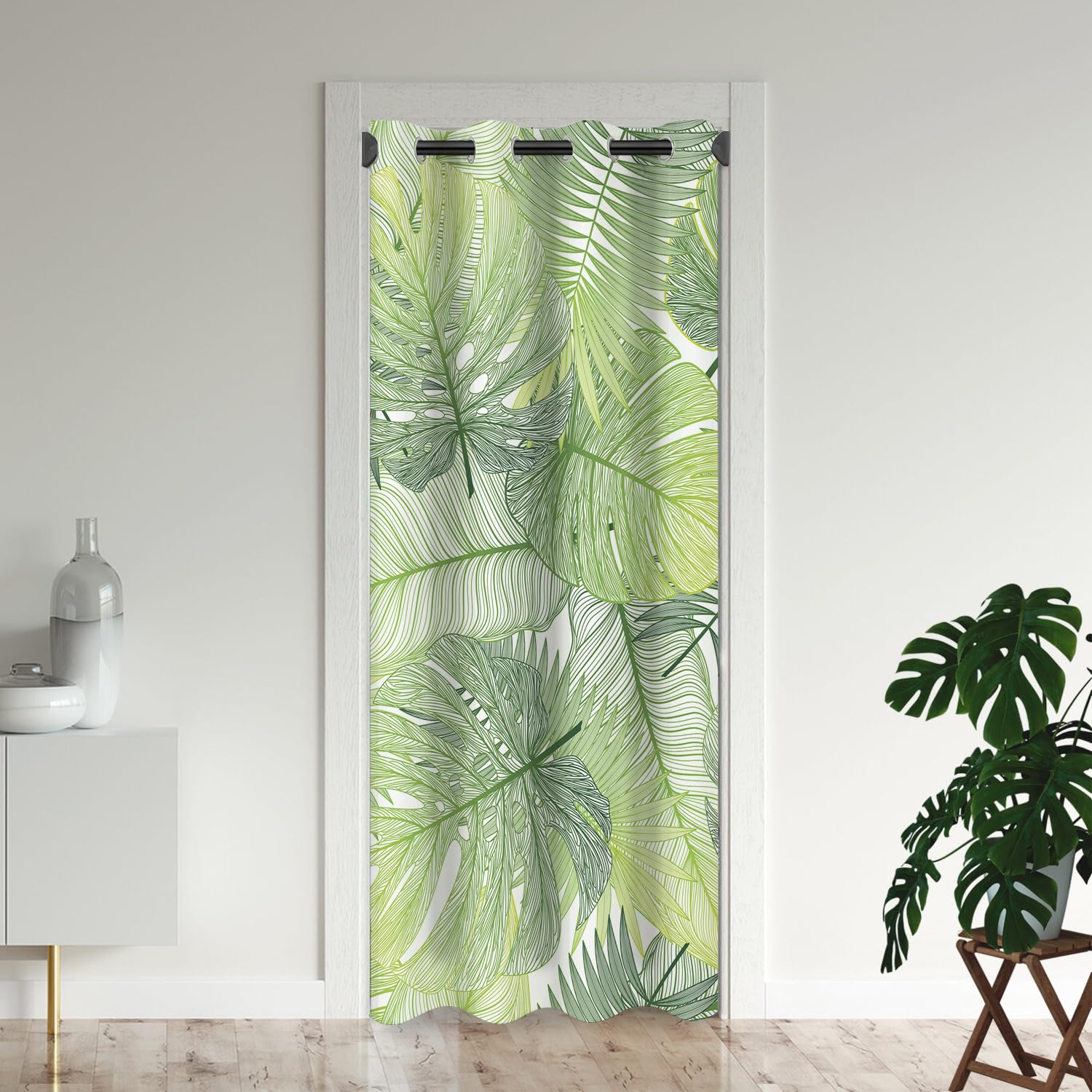Tropical Green Leaves Door Curtains for Doorways, Palm Leaf Summer Green Plant Blackout Curtain for Kids Bedroom Closet, Grommet Thermal Insulated Privacy Door Drapes for Room Divider, 42