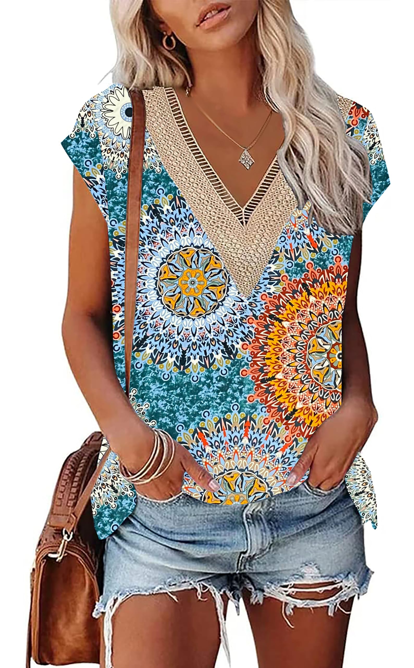PLOKNRD Sommer Damen T-Shirt Freizeit Top mit V-Ausschnitt Kurzen Ärmeln Spitze Strand Oberteile