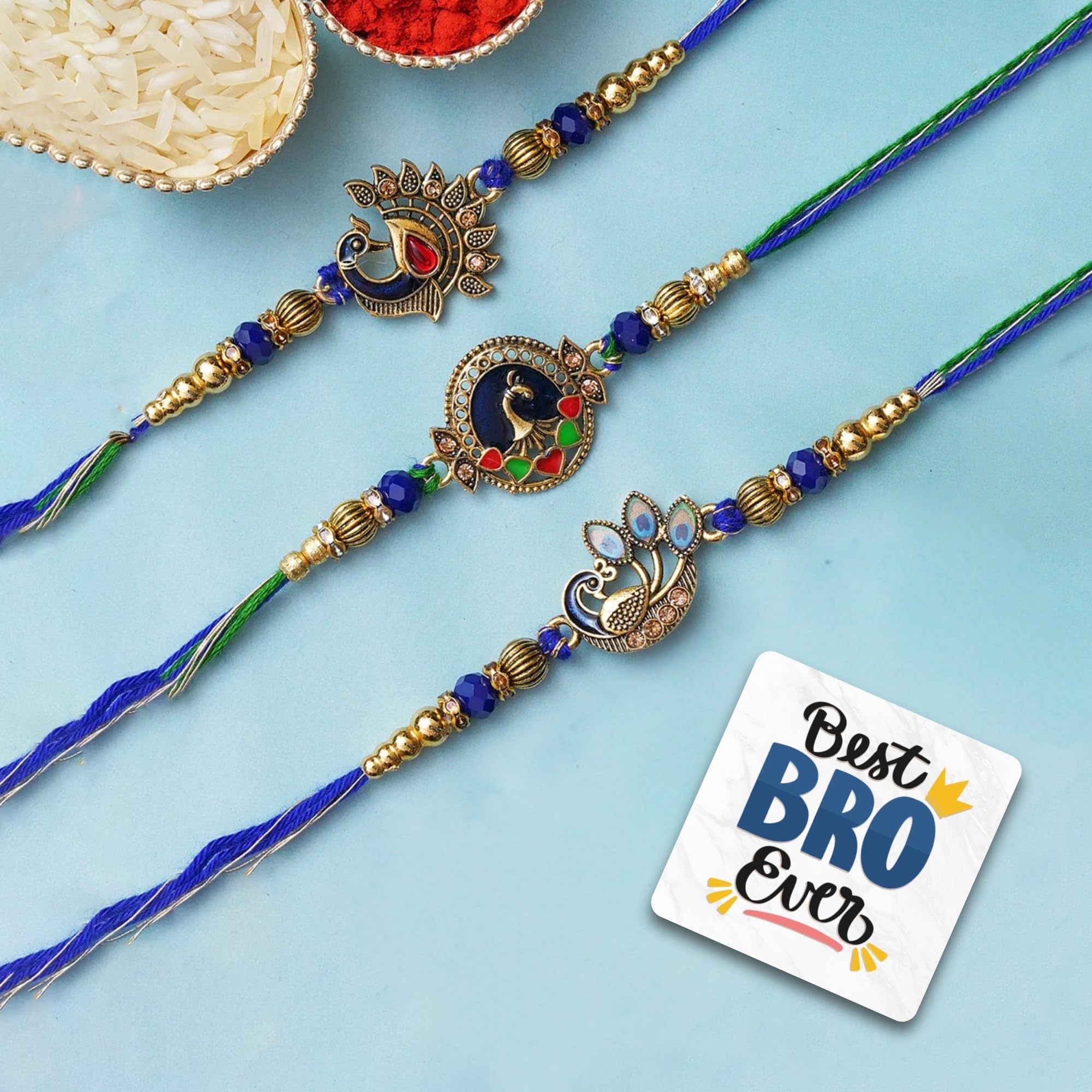 eCraftIndia Set of 3 Peacock Designer Rakhis, Best Bro Ever Fridge Magnet with Roli Chawal Pack - Rakhis for Brother, Bhabhi, Kids