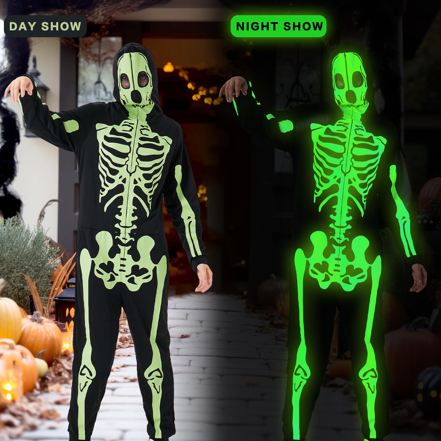 Disfraz unisex de esqueleto para adultos, overol de pijama que brilla en la oscuridad con cremallera y capucha para Halloween