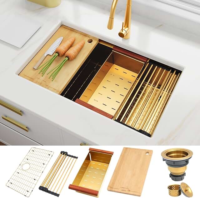 10 Corner Kitchen Sink Ideas That Improve Workflow 48 LQS Gold Kitchen Sink, 32 Inch Gold Undermount Kitchen Sink, 32” x 19