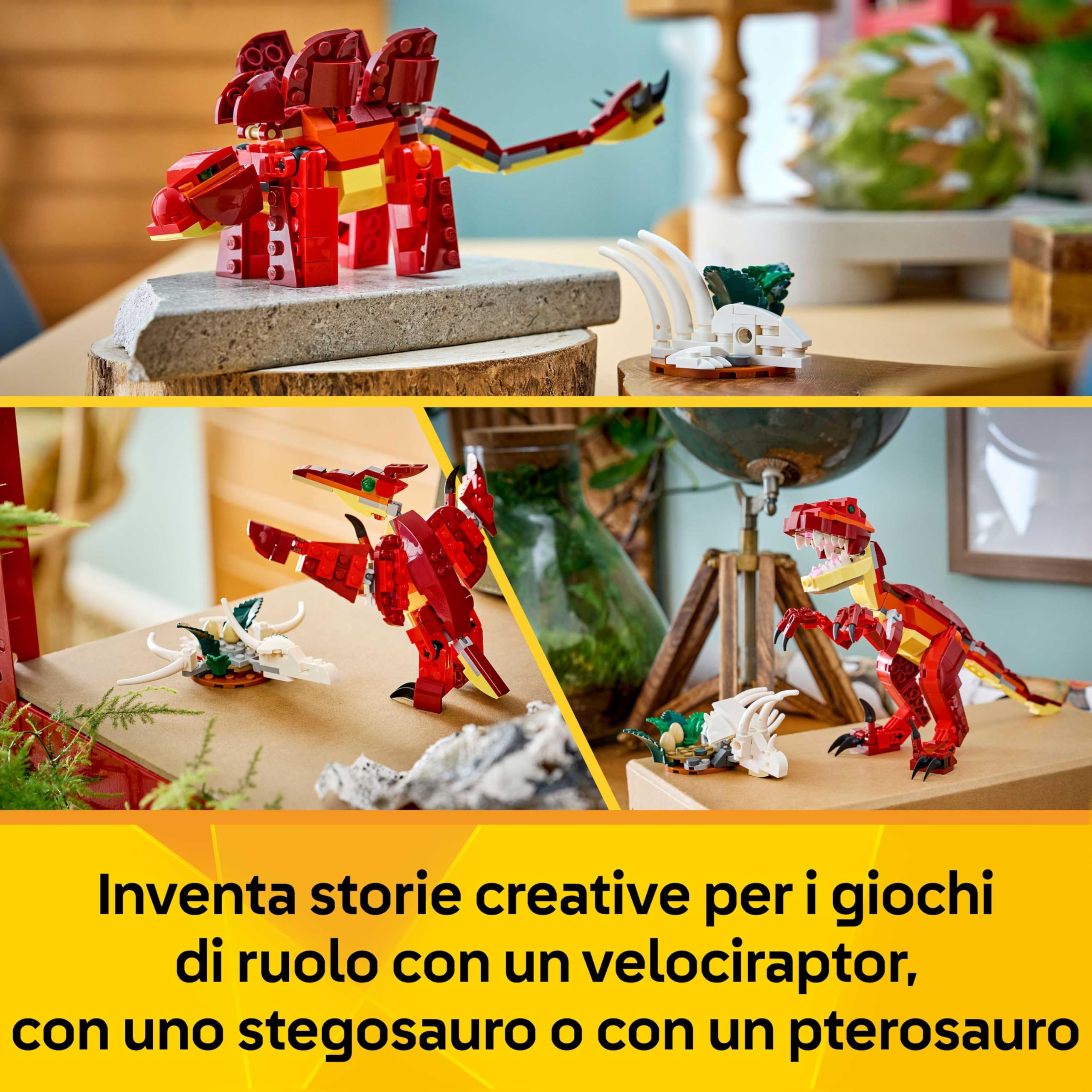 LEGO Creator 3 in 1 Feroce Dinosauro Giocattolo - Figure di Velociraptor, Stegosauro o Pterosauro con Elementi Scheletro e Denti Affilati - Regalo di Compleanno per Bambini e Bambine da 8 Anni - 31379