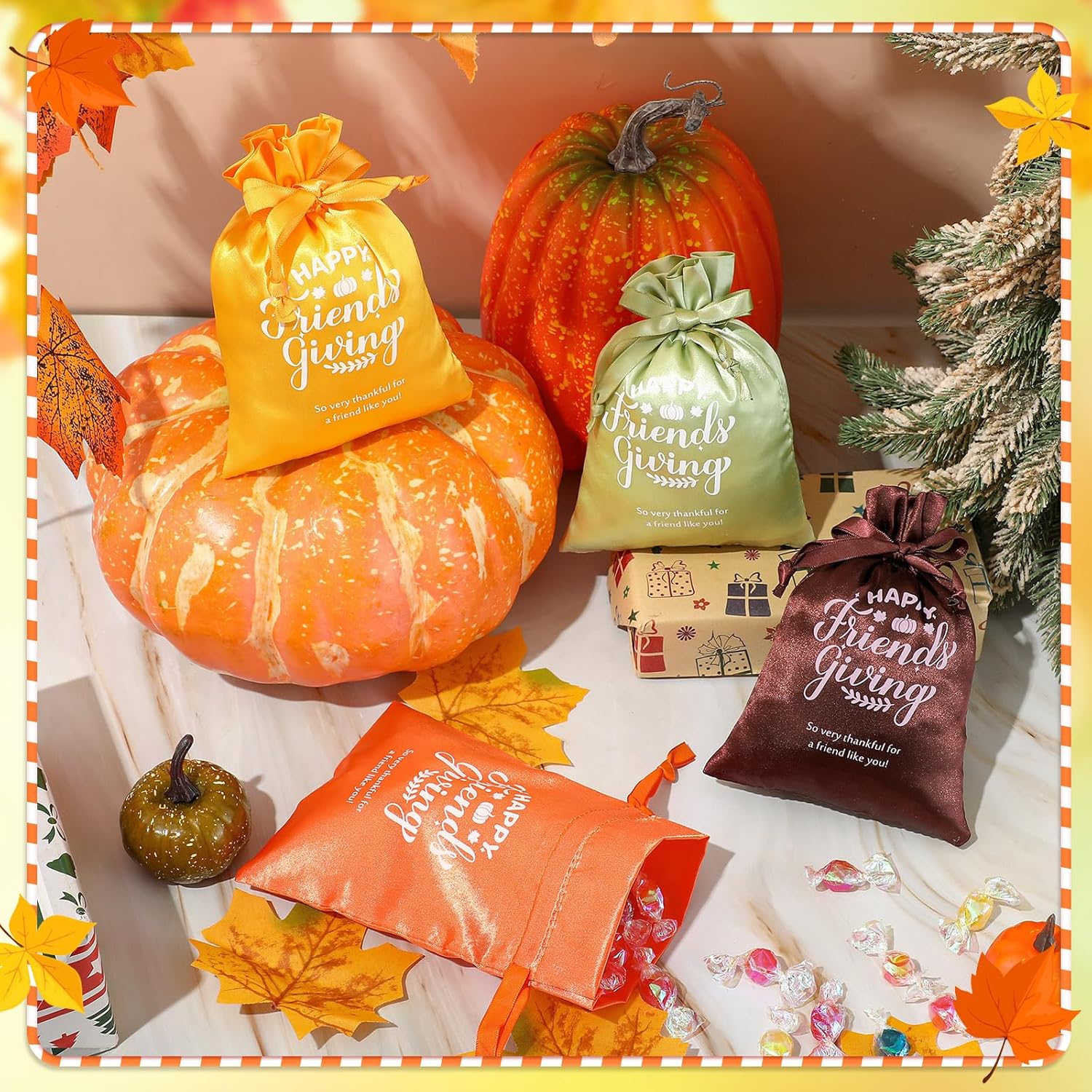 SATINIOR 36 Pcs Friendsgiving Satin Gift Bags Happy Friendsgiving Party Favors Thanksgiving Goodie Treat Candy Gift Bags with Drawstring for Thanksgiving Fall Friends Party Supplies, 5.1 x 7.1 Inch - Image 5