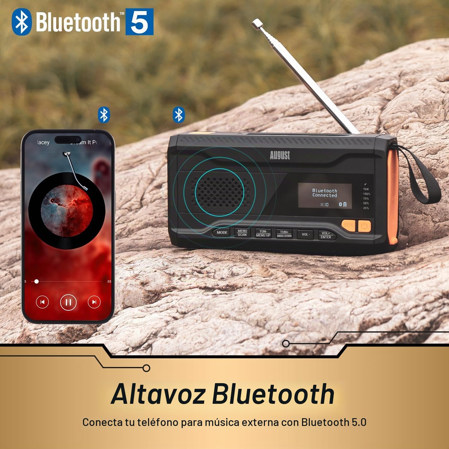 August MB290B Radio Emergencia de Cuerda con Bluetooth Camping o Pesca Recargable Banco de Energía Solar 4500mAh Portátil Dab/FM Radio, Bluetooth 5.0, 3.5mm - Manivela 3 Brillo Linterna - Negro