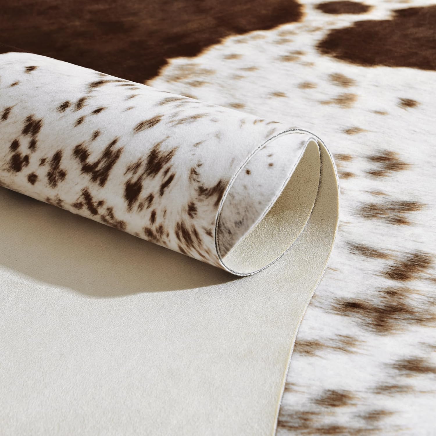 Foxmas Faux Cowhide Area Rug, 55"x62" / 4.6x5.2ft, Coffee White, Cow Print, Modern, Soft, Western Decor