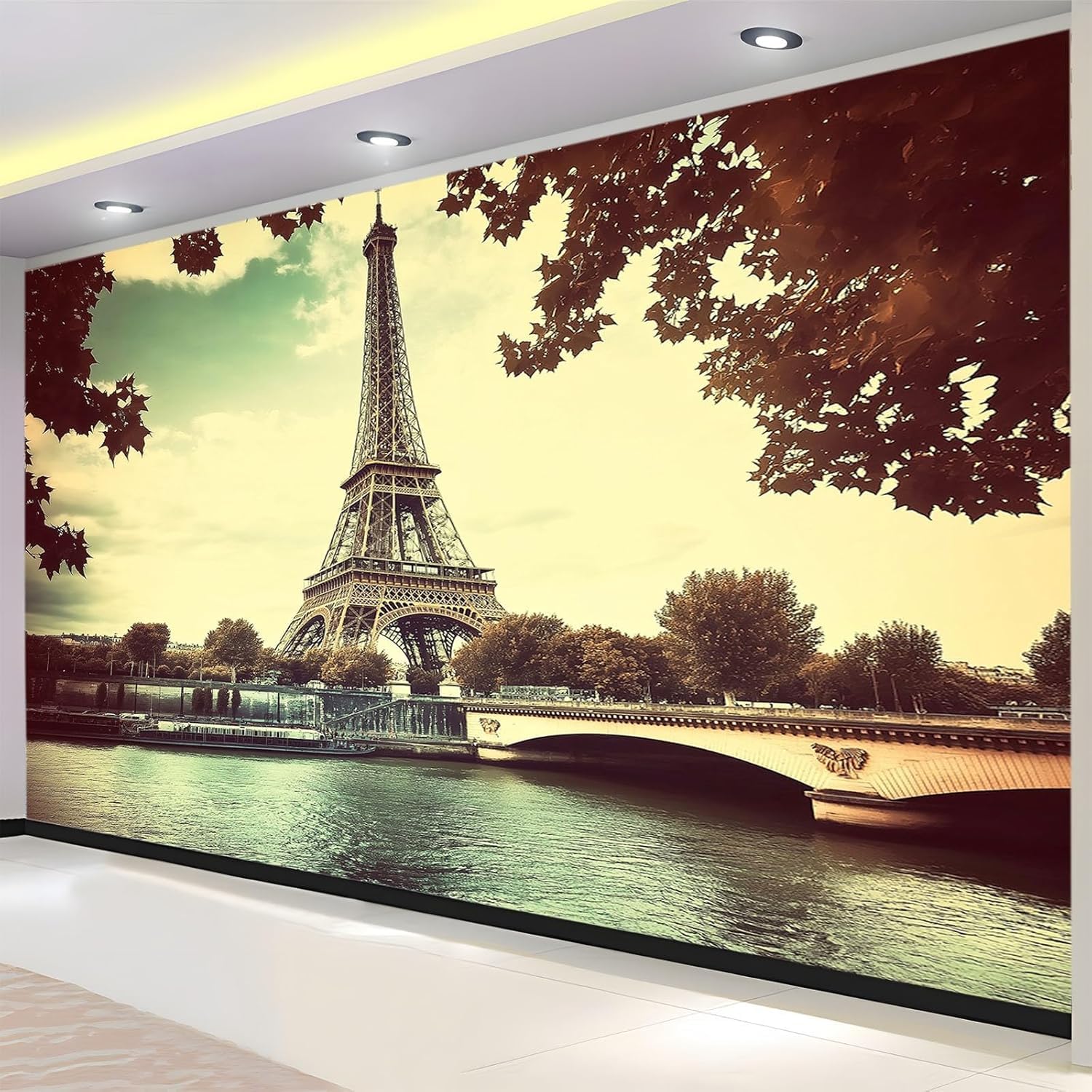 Papier peint panoramique Paris pour agrandir un petit salon avec poster 3D