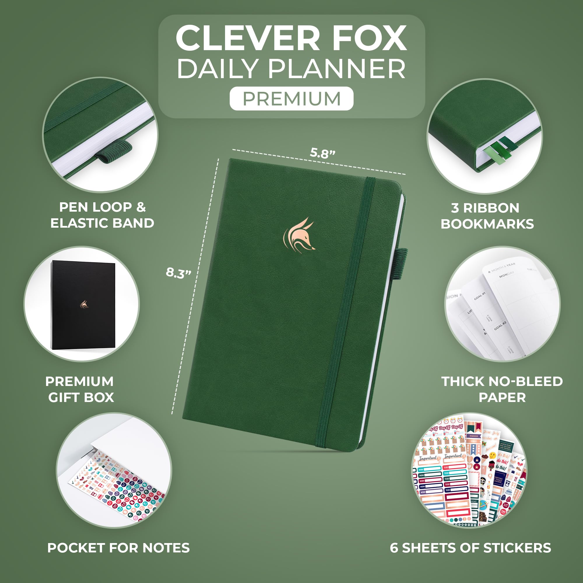 Clever Fox Planner Daily Premium – Agenda giornaliera senza data, con orario, organizzatore personale, diario della produttività, 6 mesi (verde foresta)